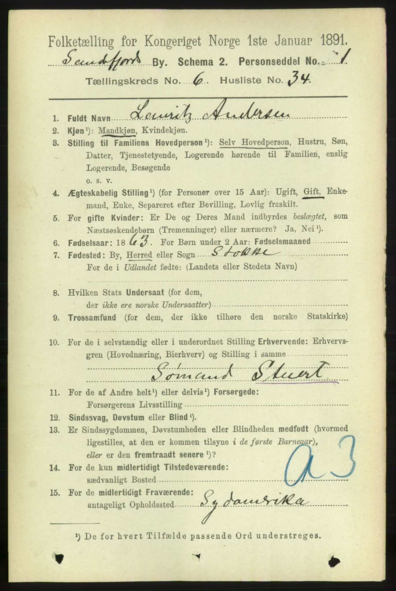 RA, 1891 census for 0706 Sandefjord, 1891, p. 2727