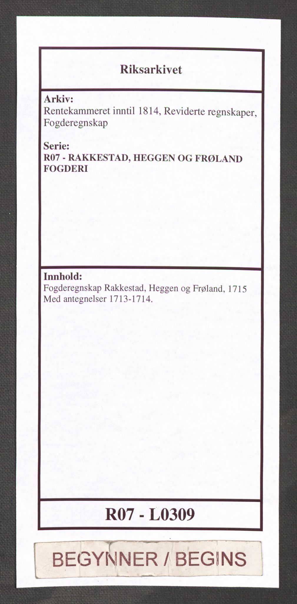 Rentekammeret inntil 1814, Reviderte regnskaper, Fogderegnskap, AV/RA-EA-4092/R07/L0309: Fogderegnskap Rakkestad, Heggen og Frøland, 1715, p. 1