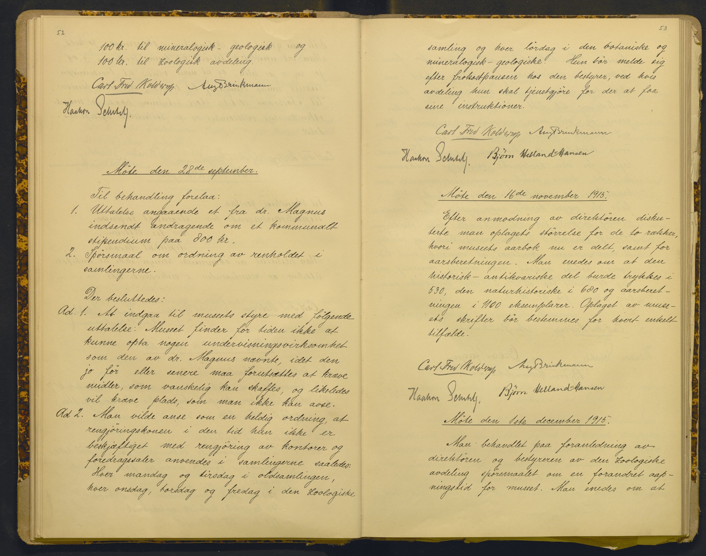 Bergens Museum, AV/SAB-A-17301/18/A/L0001: Bestyrerkollegiets forhandlingsprotokoll med register , 1907-1927, p. 52-53