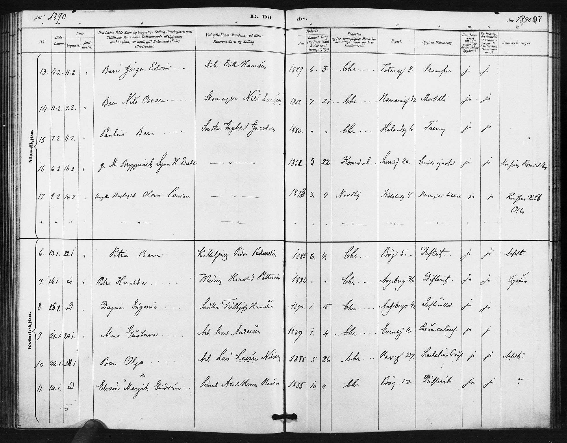 Kampen prestekontor Kirkebøker, AV/SAO-A-10853/F/Fa/L0006: Parish register (official) no. I 6, 1889-1896, p. 97