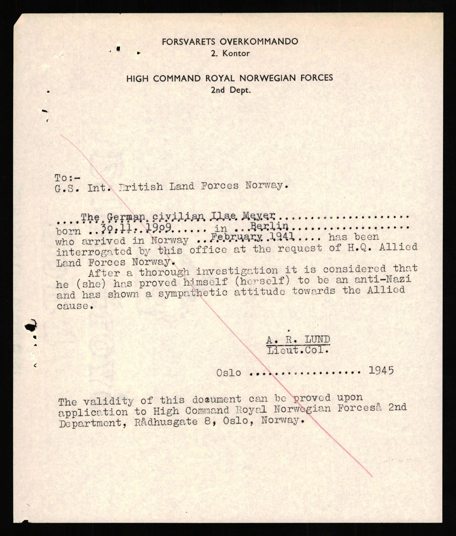 Forsvaret, Forsvarets overkommando II, RA/RAFA-3915/D/Db/L0022: CI Questionaires. Tyske okkupasjonsstyrker i Norge. Tyskere., 1945-1946, p. 98