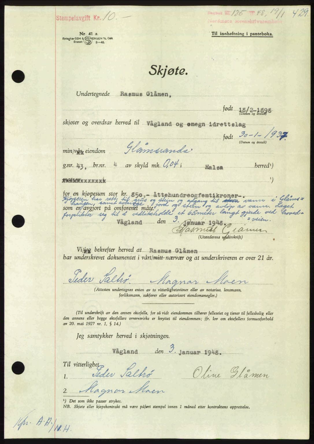 Nordmøre sorenskriveri, AV/SAT-A-4132/1/2/2Ca: Mortgage book no. A107, 1947-1948, Diary no: : 135/1948