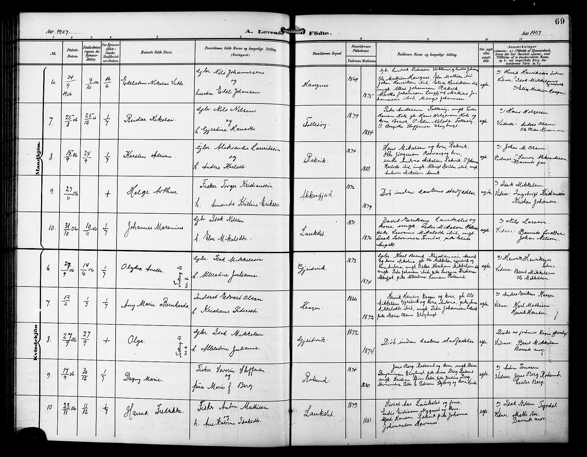 Skjervøy sokneprestkontor, AV/SATØ-S-1300/H/Ha/Hab/L0008klokker: Parish register (copy) no. 8, 1900-1910, p. 69