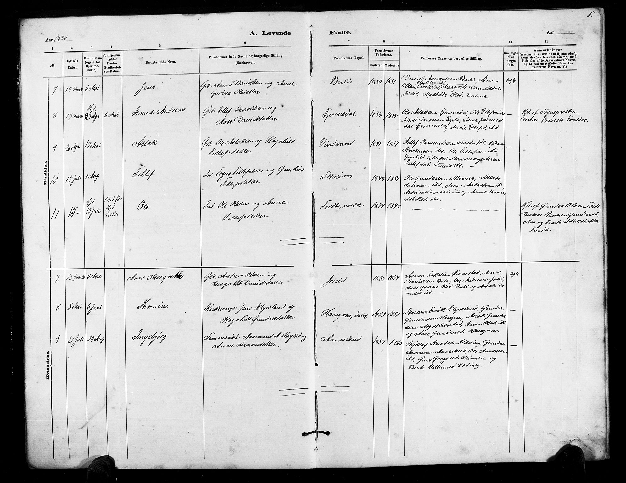 Herefoss sokneprestkontor, SAK/1111-0019/F/Fb/Fbb/L0002: Parish register (copy) no. B 2, 1879-1894, p. 5