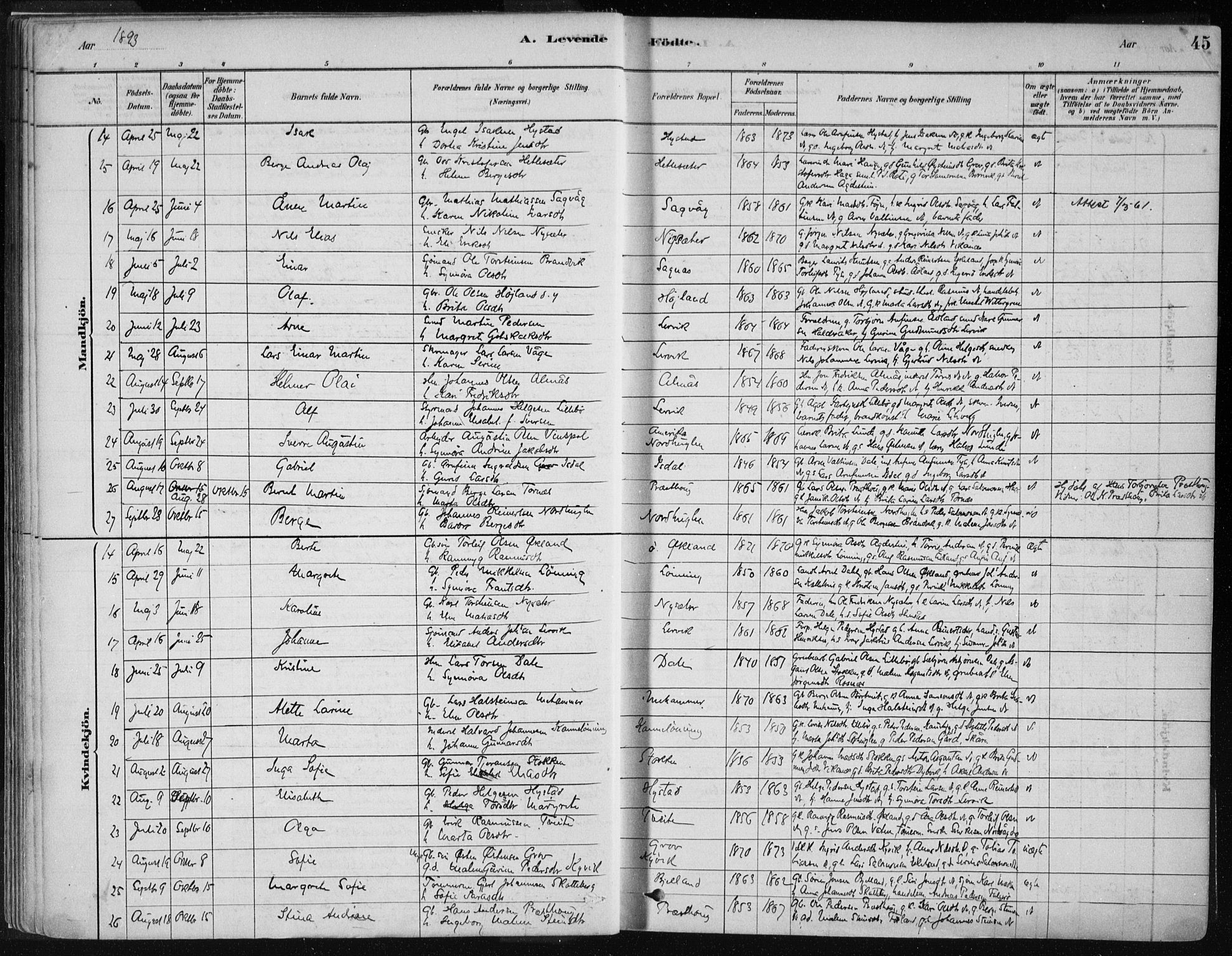 Stord sokneprestembete, AV/SAB-A-78201/H/Haa: Parish register (official) no. B 2, 1878-1913, p. 45