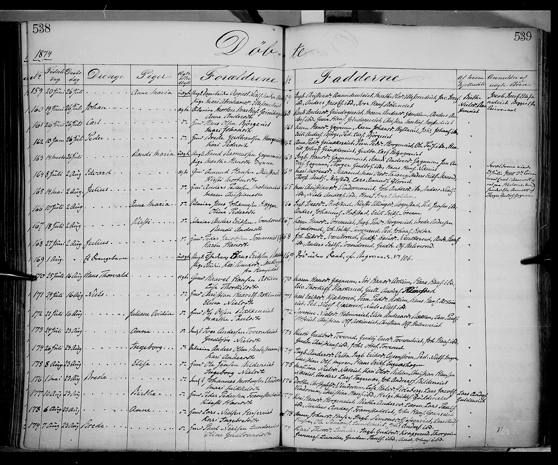 Gran prestekontor, AV/SAH-PREST-112/H/Ha/Haa/L0012: Parish register (official) no. 12, 1856-1874, p. 538-539