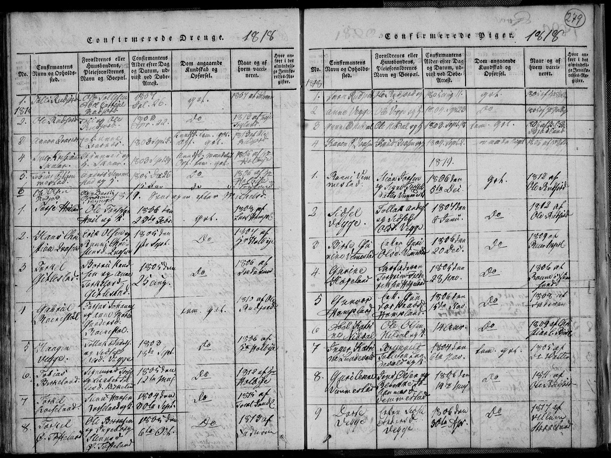 Lyngdal sokneprestkontor, AV/SAK-1111-0029/F/Fa/Fac/L0006: Parish register (official) no. A 6, 1815-1825, p. 279