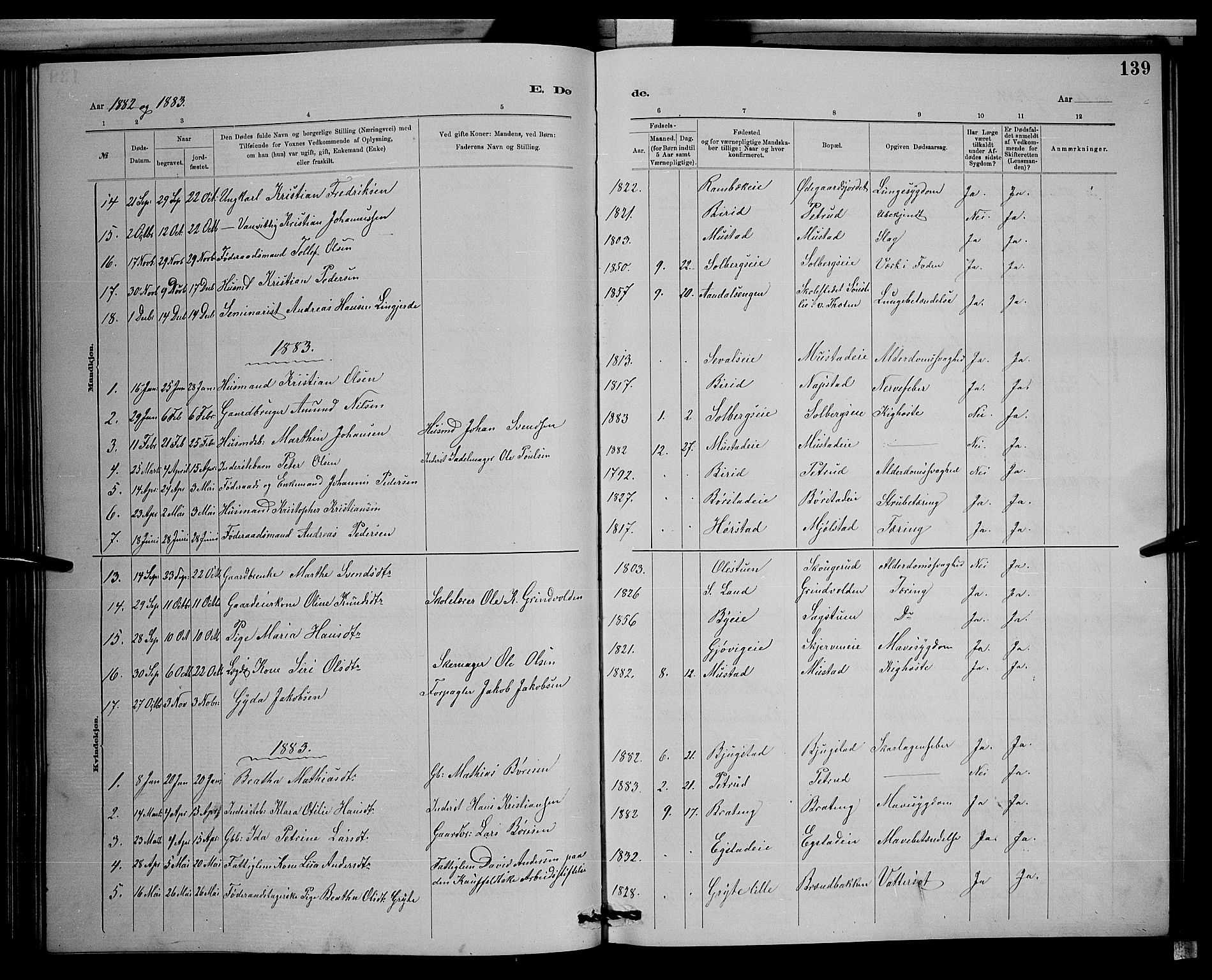 Vardal prestekontor, AV/SAH-PREST-100/H/Ha/Hab/L0008: Parish register (copy) no. 8, 1881-1898, p. 139