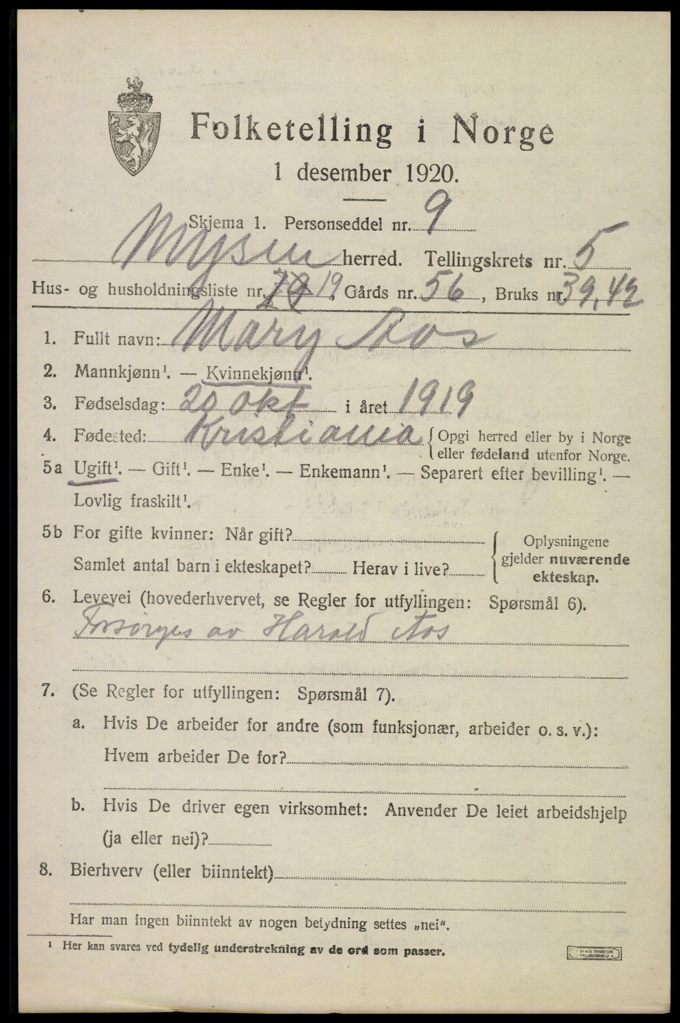 SAO, 1920 census for Mysen, 1920, p. 2933