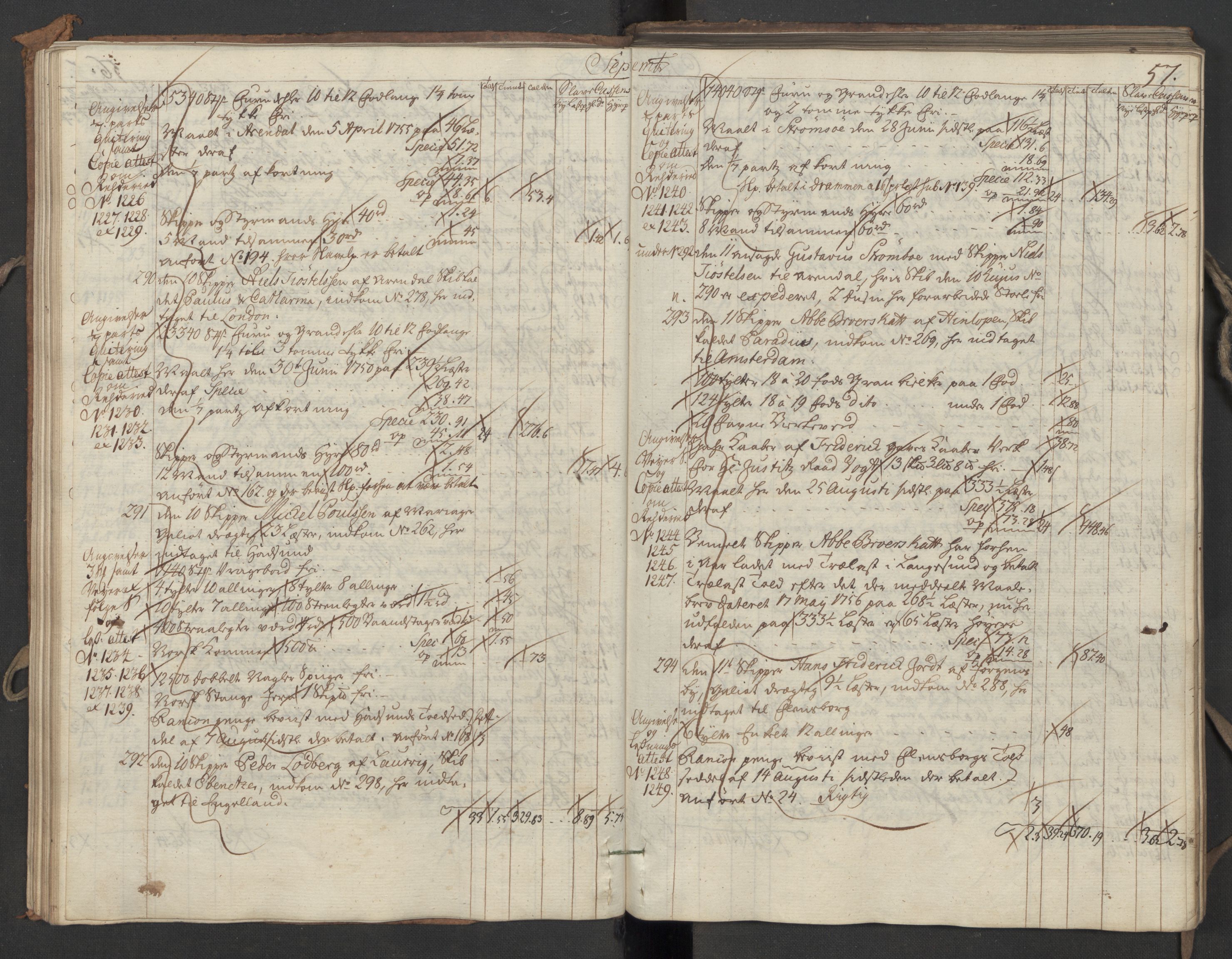 Generaltollkammeret, tollregnskaper, AV/RA-EA-5490/R06/L0039/0001: Tollregnskaper Kristiania / Utgående hovedtollbok, 1756, p. 56b-57a