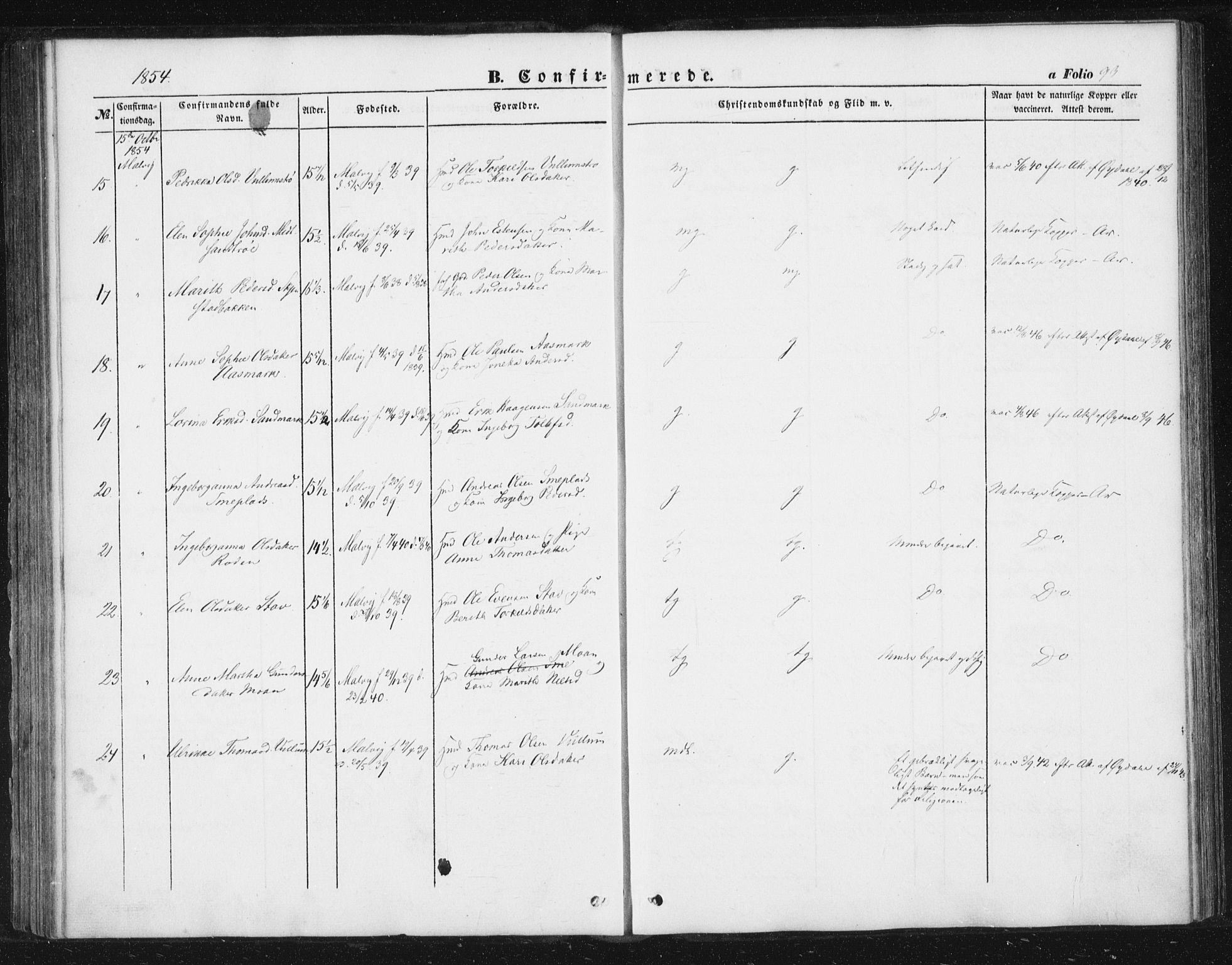 Ministerialprotokoller, klokkerbøker og fødselsregistre - Sør-Trøndelag, SAT/A-1456/616/L0407: Parish register (official) no. 616A04, 1848-1856, p. 93