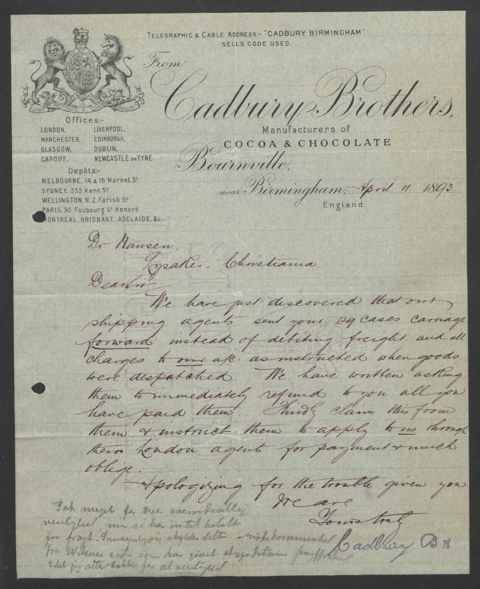 Arbeidskomitéen for Fridtjof Nansens polarekspedisjon, AV/RA-PA-0061/D/L0004: Innk. brev og telegrammer vedr. proviant og utrustning, 1892-1893, p. 642