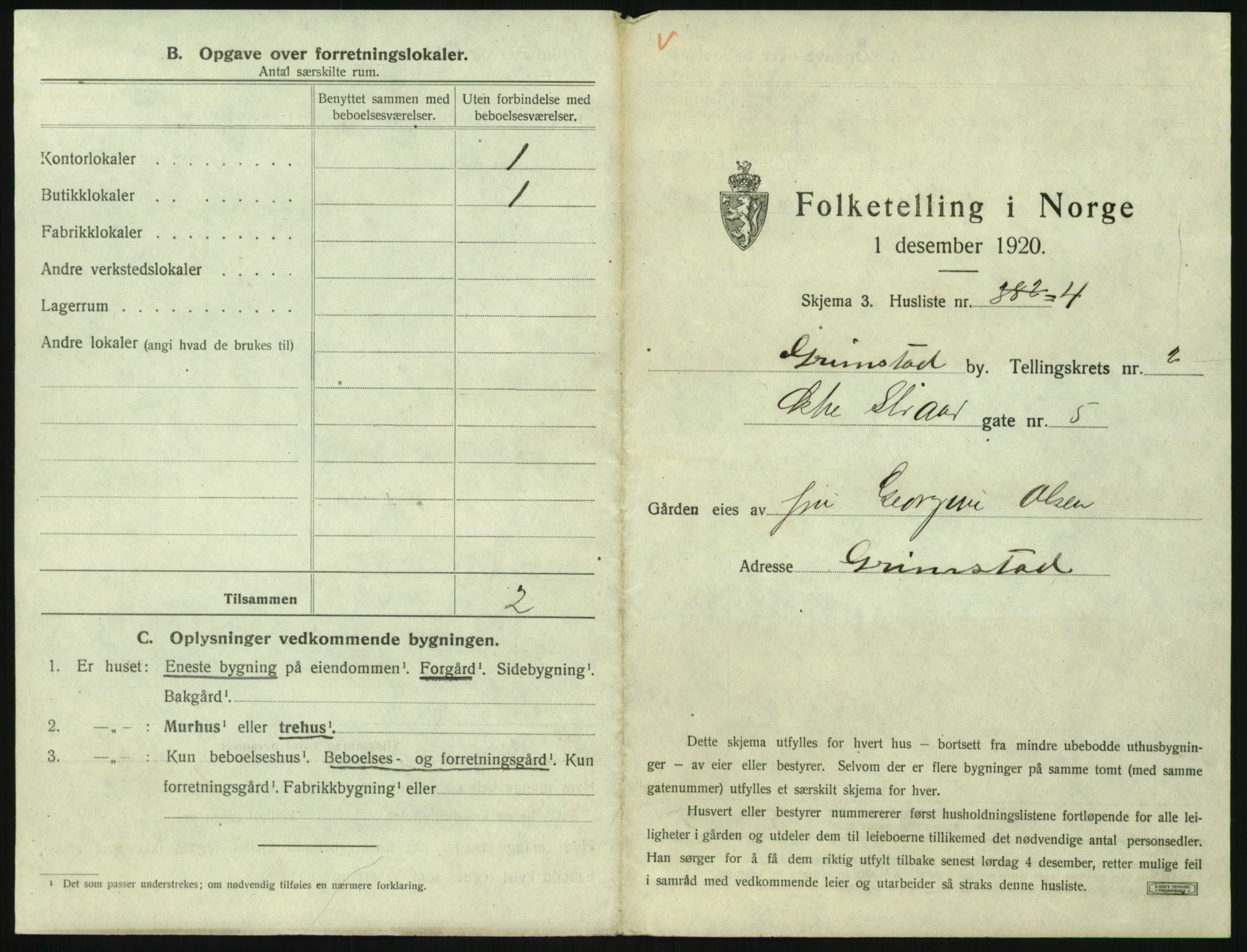 SAK, 1920 census for Grimstad, 1920, p. 213