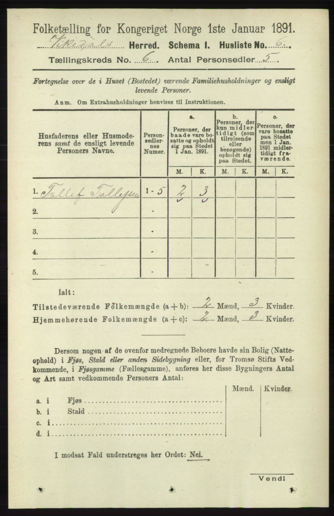 RA, 1891 census for 1157 Vikedal, 1891, p. 1496