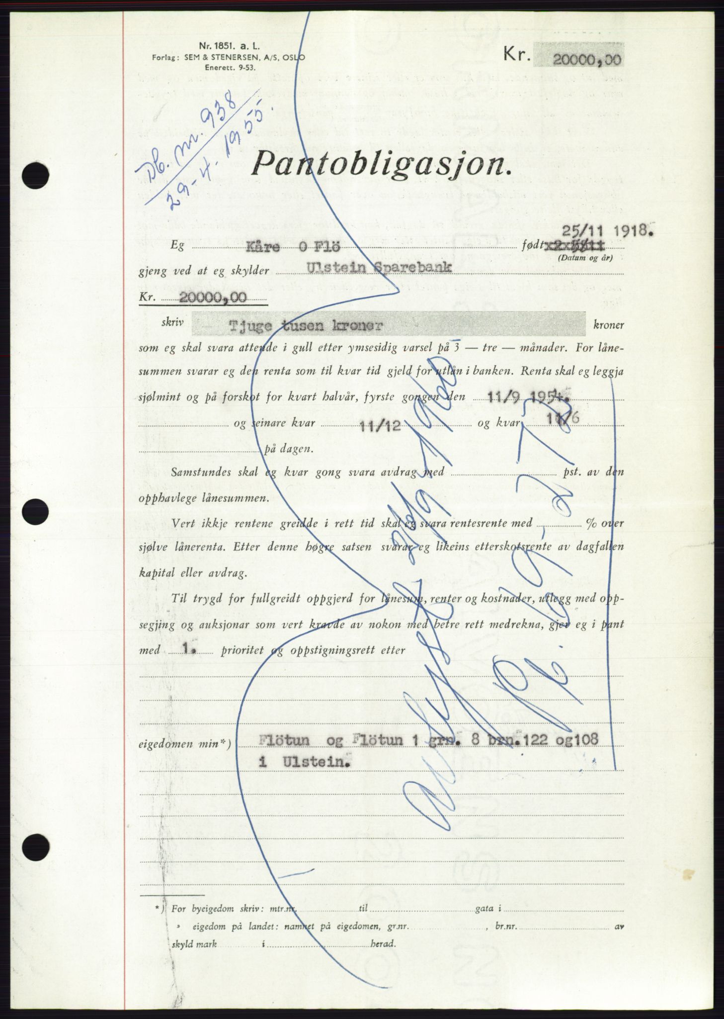 Søre Sunnmøre sorenskriveri, AV/SAT-A-4122/1/2/2C/L0126: Mortgage book no. 14B, 1954-1955, Diary no: : 938/1955