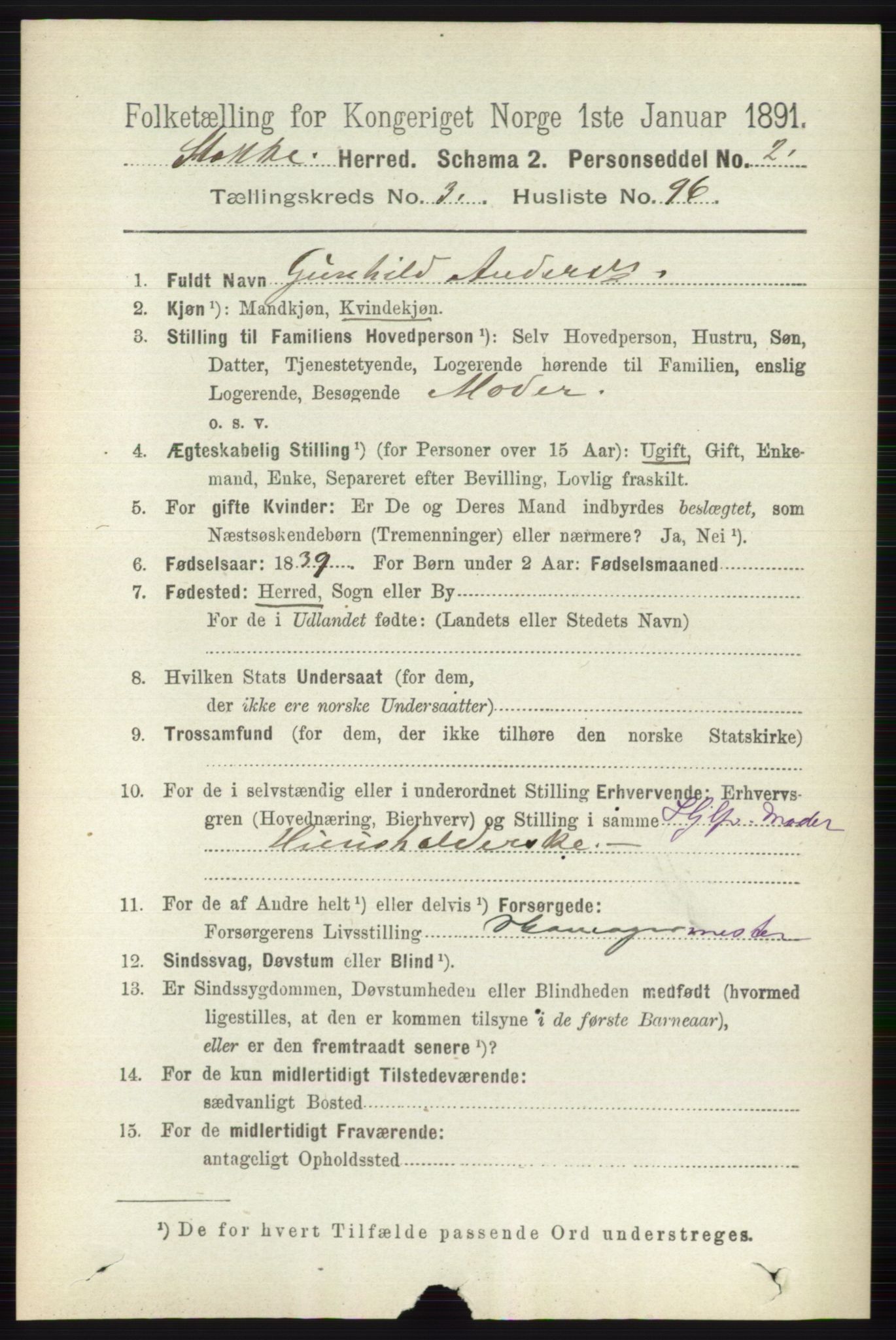 RA, 1891 census for 0720 Stokke, 1891, p. 2178