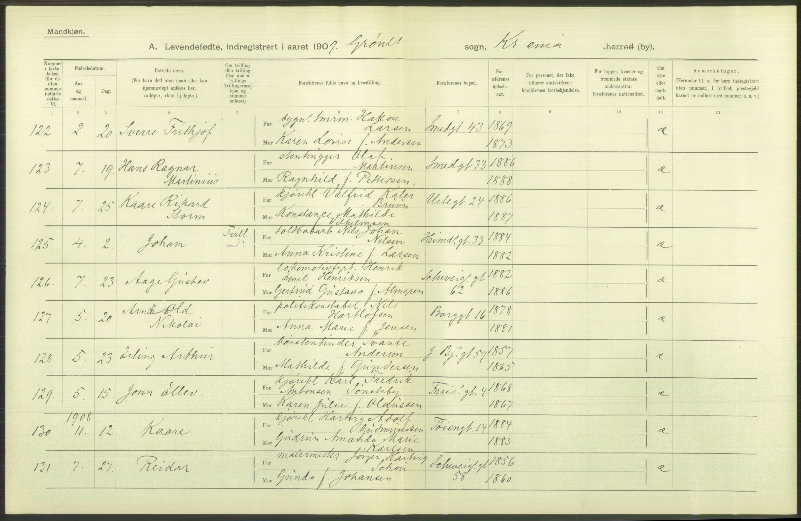 Statistisk sentralbyrå, Sosiodemografiske emner, Befolkning, AV/RA-S-2228/D/Df/Dfa/Dfag/L0007: Kristiania: Levendefødte menn og kvinner., 1909, p. 230