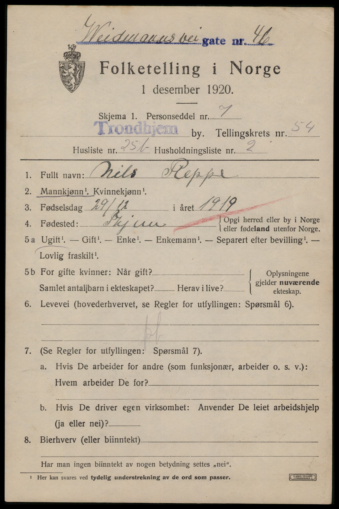 SAT, 1920 census for Trondheim, 1920, p. 111418