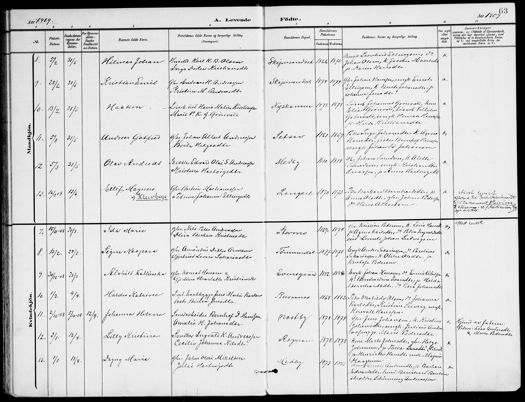 Ministerialprotokoller, klokkerbøker og fødselsregistre - Nordland, AV/SAT-A-1459/847/L0672: Parish register (official) no. 847A12, 1902-1919, p. 63