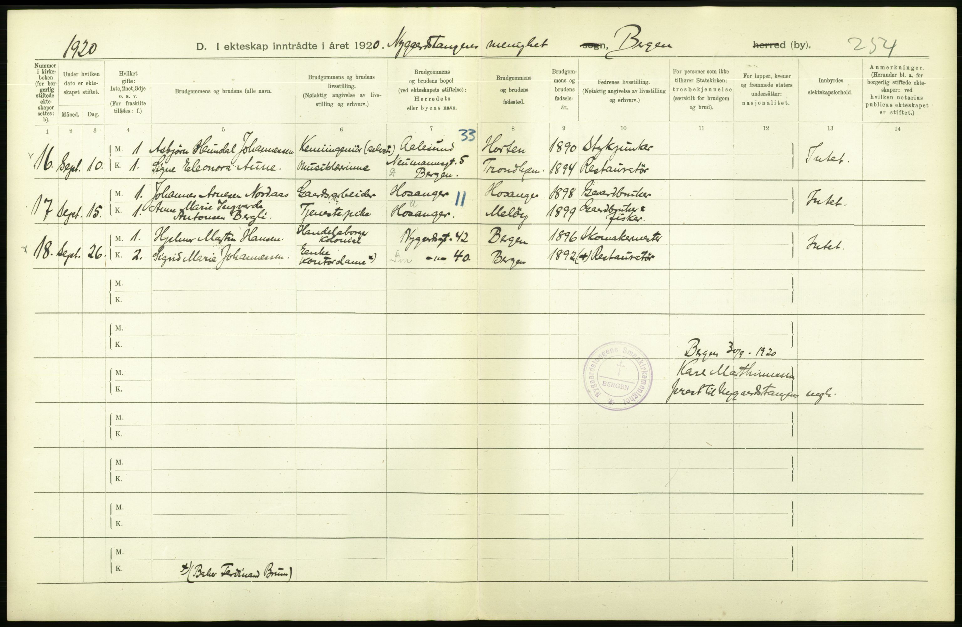 Statistisk sentralbyrå, Sosiodemografiske emner, Befolkning, AV/RA-S-2228/D/Df/Dfb/Dfbj/L0042: Bergen: Gifte, døde, dødfødte., 1920, p. 10