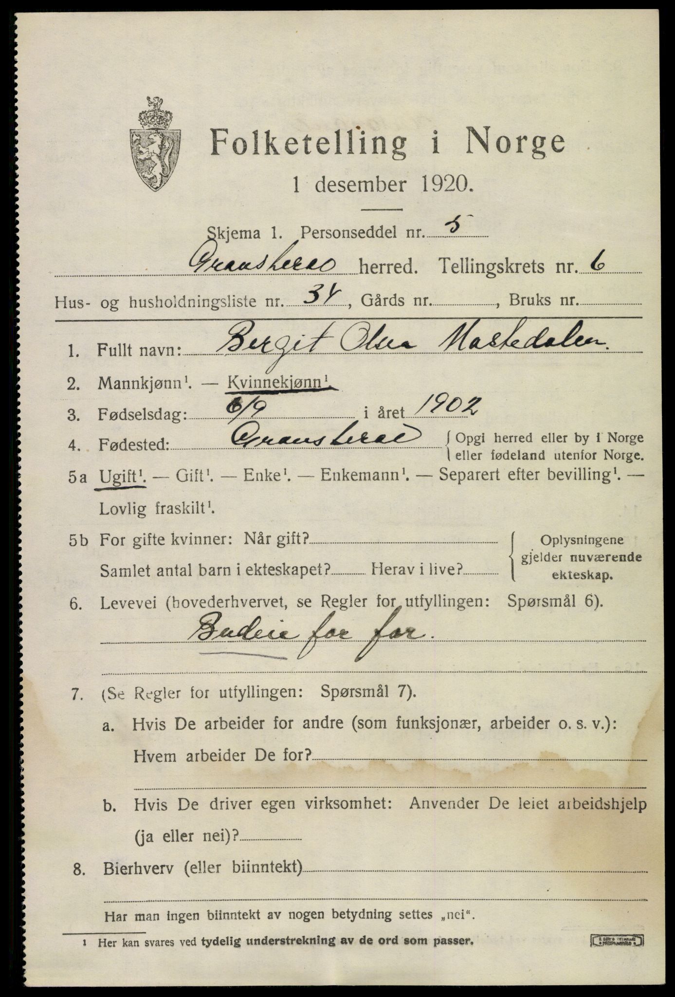 SAKO, 1920 census for Gransherad, 1920, p. 2722