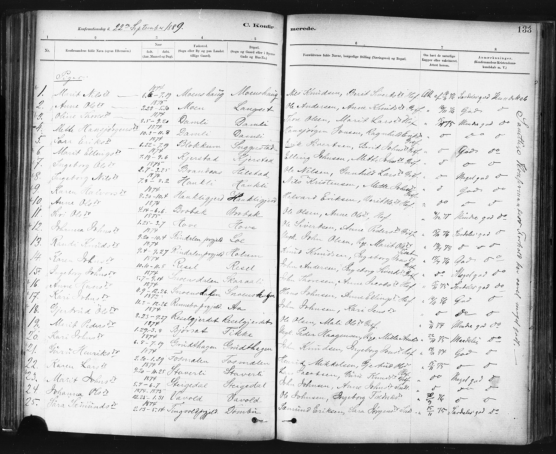 Ministerialprotokoller, klokkerbøker og fødselsregistre - Sør-Trøndelag, SAT/A-1456/672/L0857: Parish register (official) no. 672A09, 1882-1893, p. 133