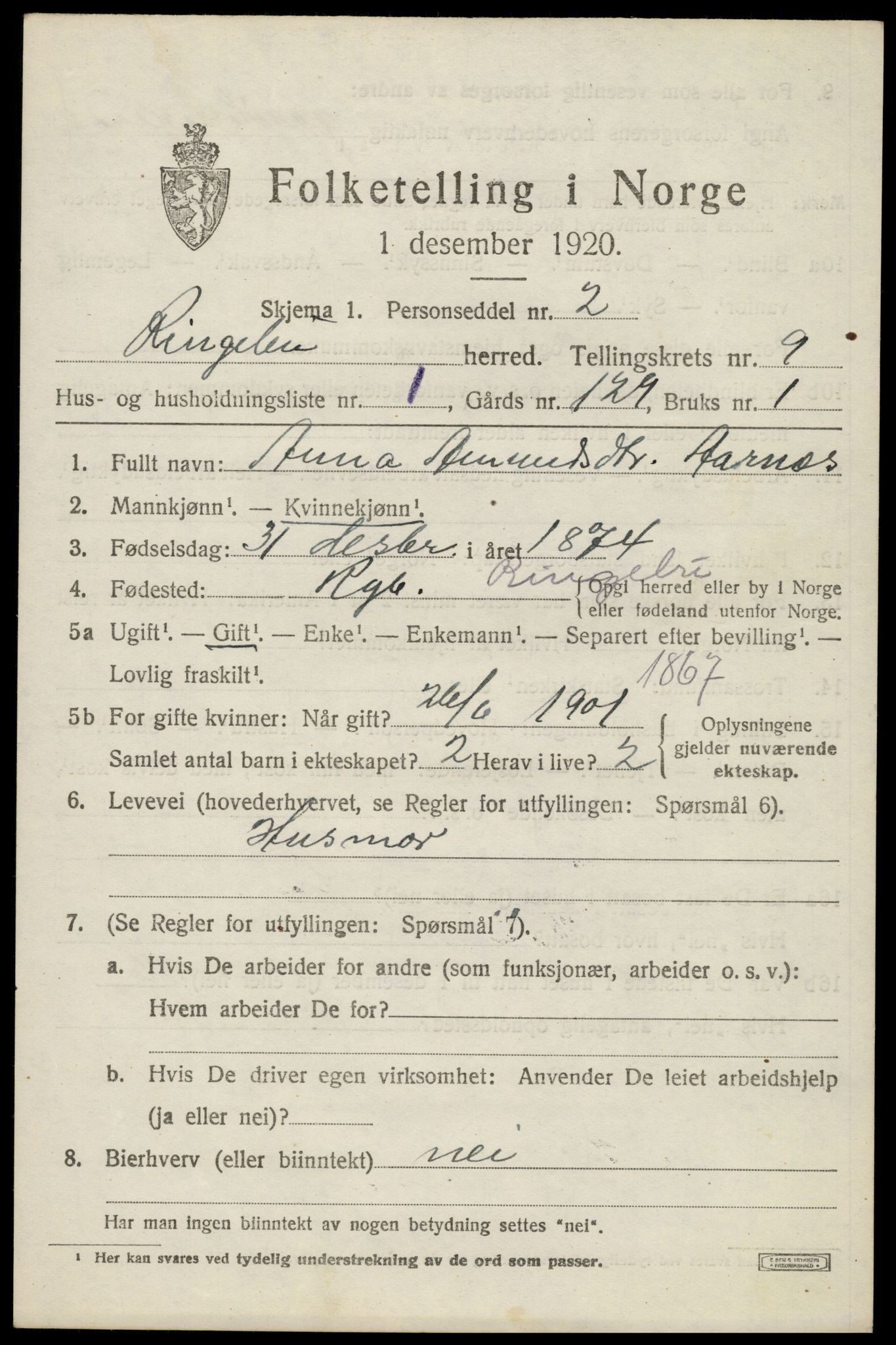 SAH, 1920 census for Ringebu, 1920, p. 8251