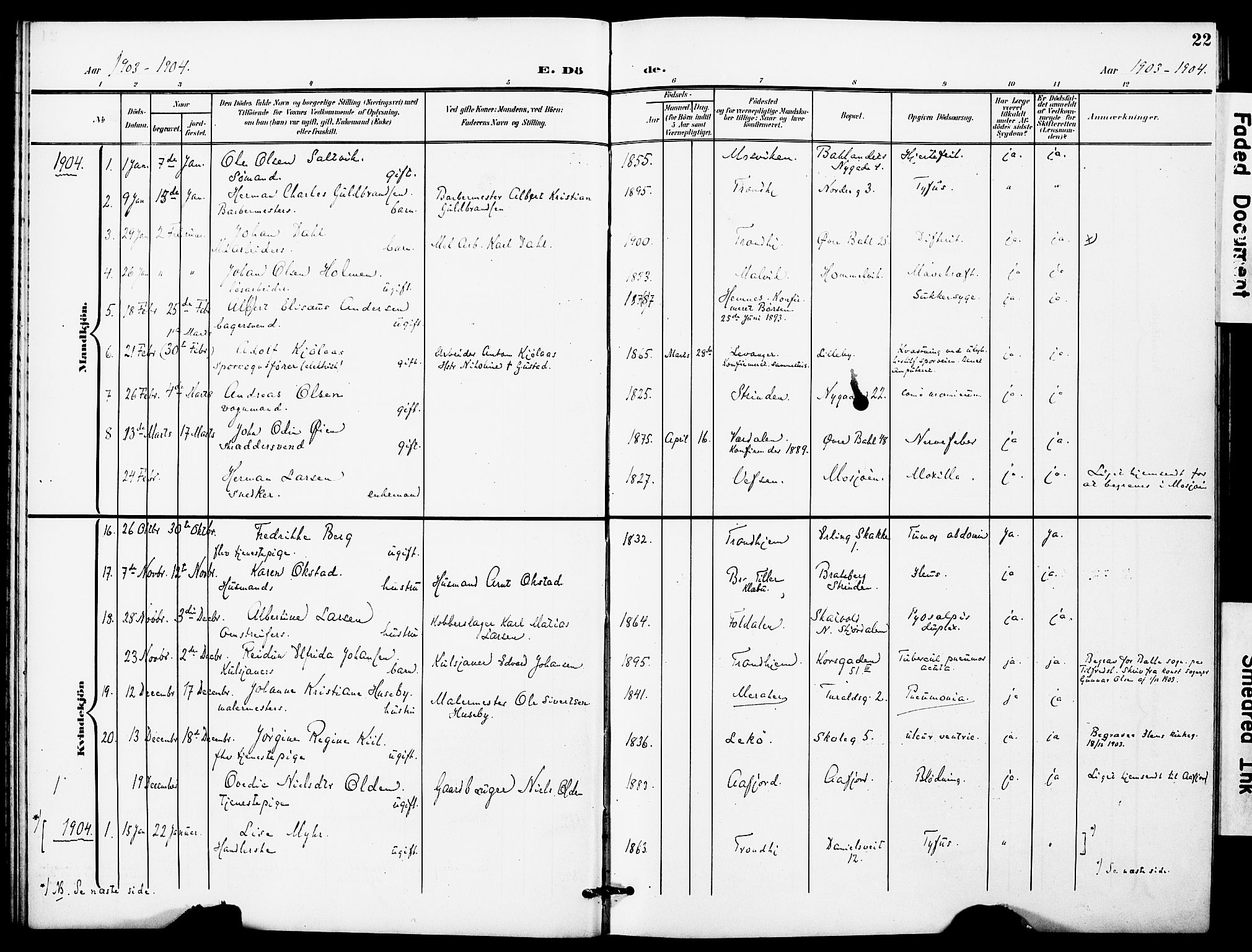 Ministerialprotokoller, klokkerbøker og fødselsregistre - Sør-Trøndelag, SAT/A-1456/628/L0483: Parish register (official) no. 628A01, 1902-1920, p. 22