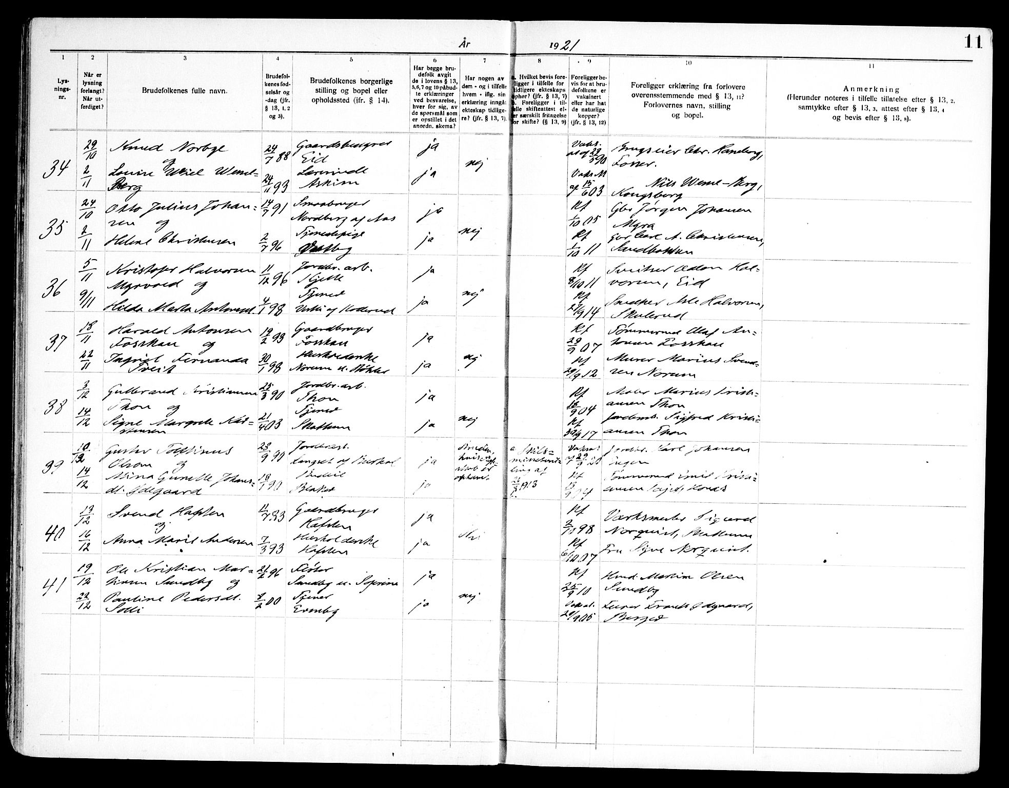 Høland prestekontor Kirkebøker, AV/SAO-A-10346a/H/Ha/L0001: Banns register no. I 1, 1919-1947, p. 11