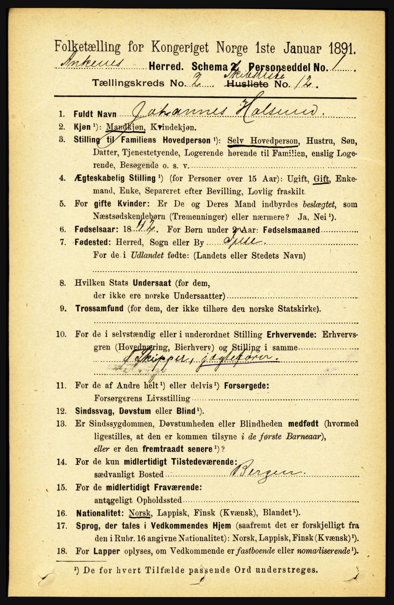 RA, 1891 census for 1855 Ankenes, 1891, p. 1456