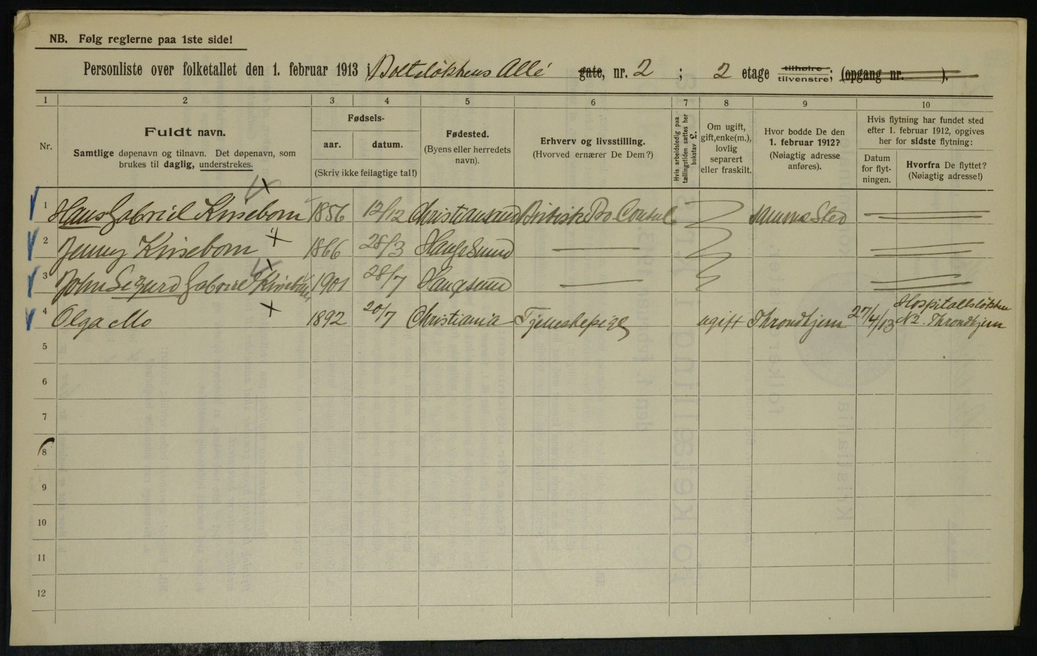 OBA, Municipal Census 1913 for Kristiania, 1913, p. 7498