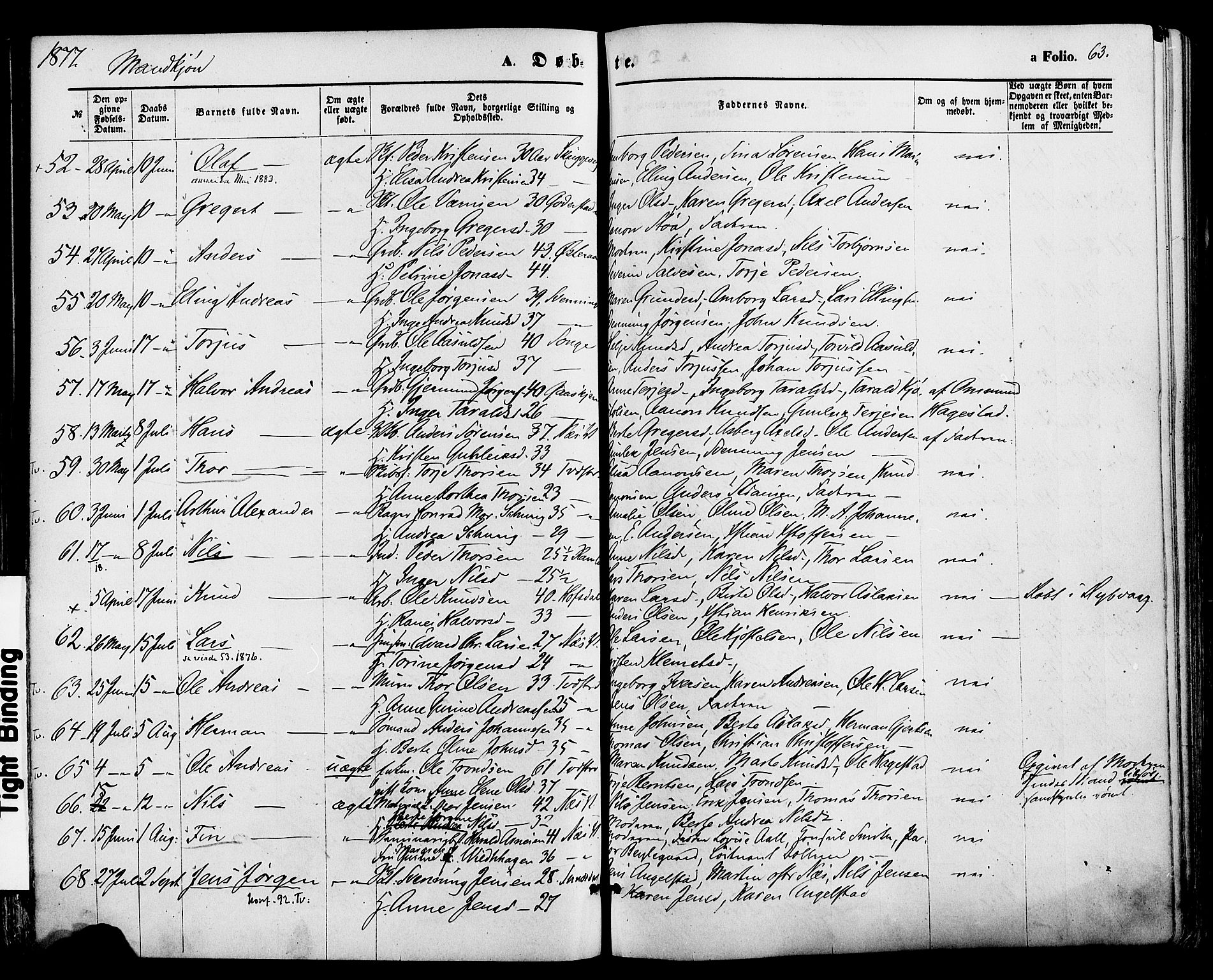 Holt sokneprestkontor, AV/SAK-1111-0021/F/Fa/L0010: Parish register (official) no. A 10, 1872-1885, p. 63