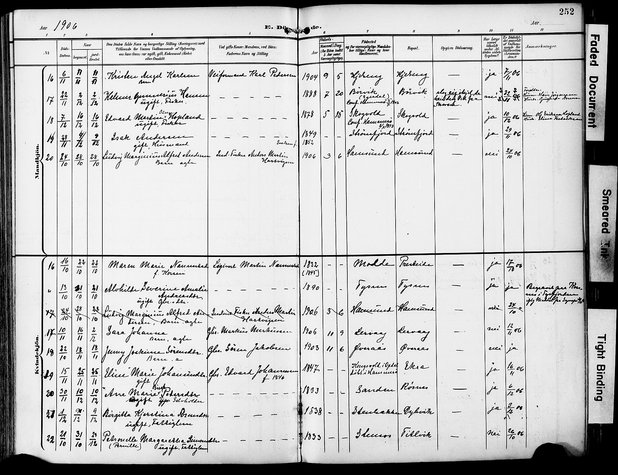 Ministerialprotokoller, klokkerbøker og fødselsregistre - Nordland, AV/SAT-A-1459/859/L0848: Parish register (official) no. 859A08, 1900-1912, p. 252