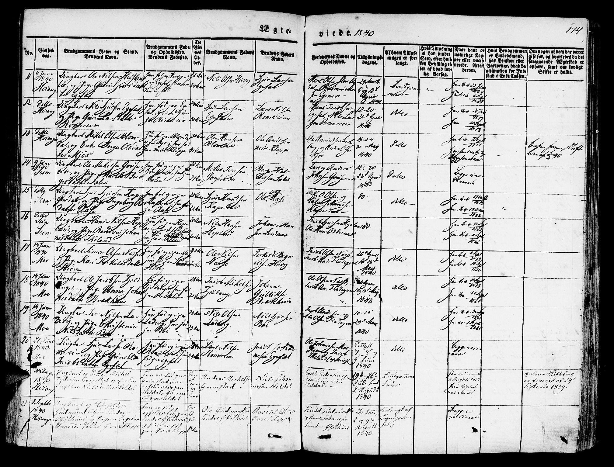Hosanger sokneprestembete, SAB/A-75801/H/Haa: Parish register (official) no. A 7, 1835-1848, p. 174