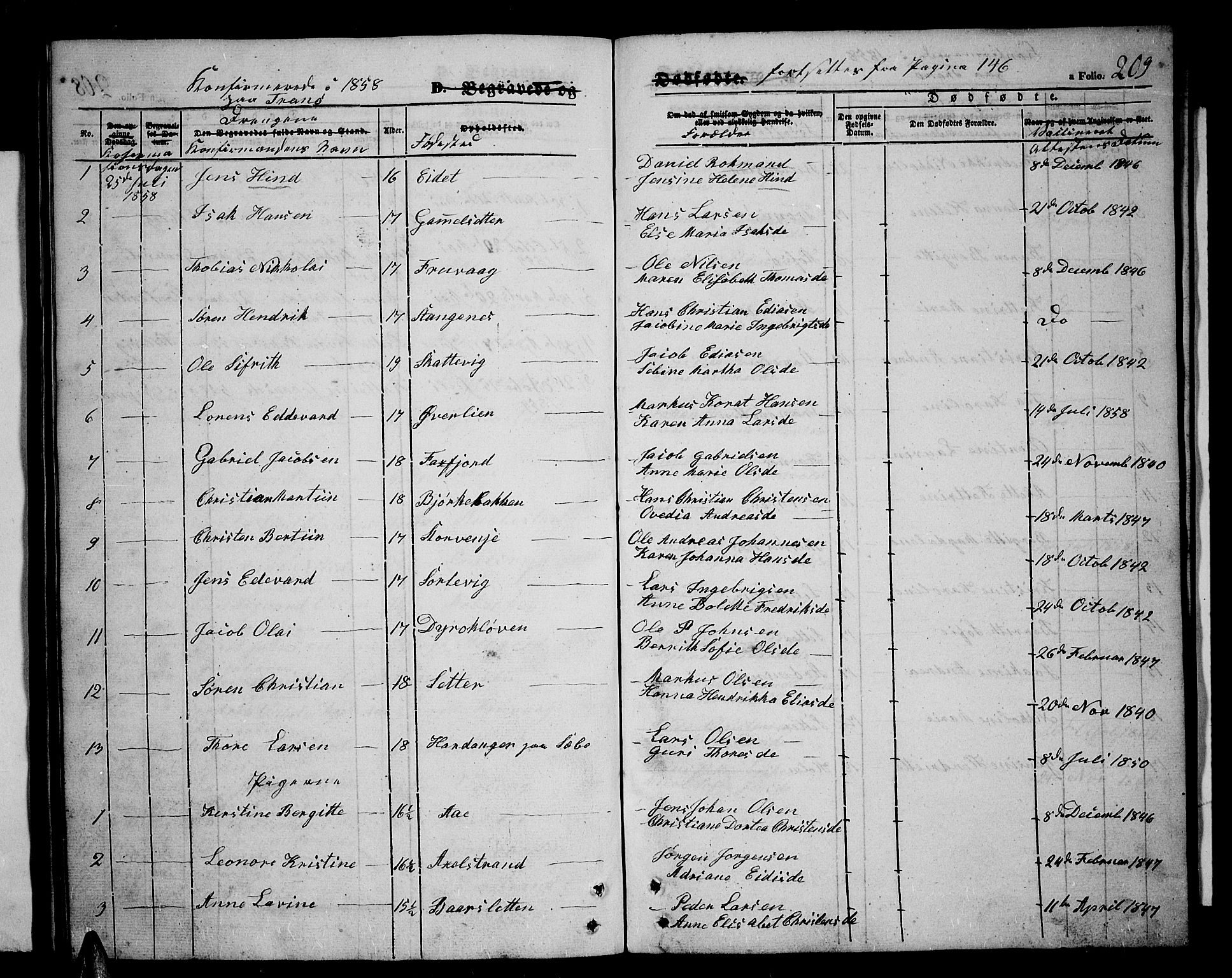 Tranøy sokneprestkontor, SATØ/S-1313/I/Ia/Iab/L0002klokker: Parish register (copy) no. 2, 1847-1860, p. 209