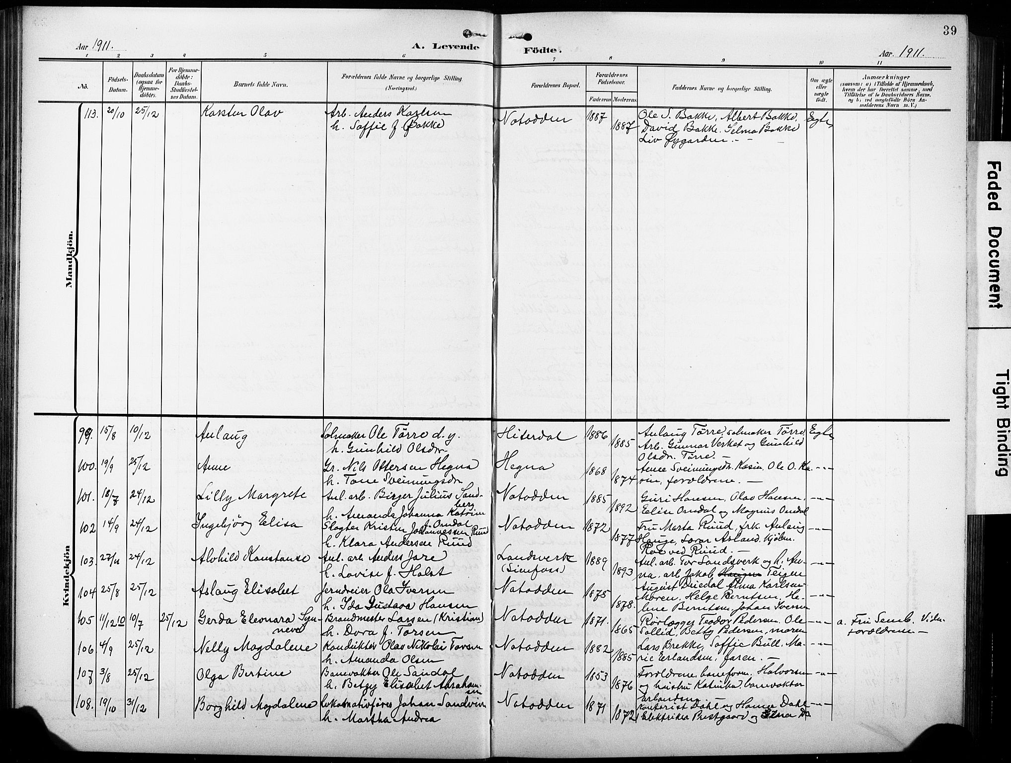 Heddal kirkebøker, SAKO/A-268/G/Ga/L0003: Parish register (copy) no. I 3, 1908-1932, p. 39