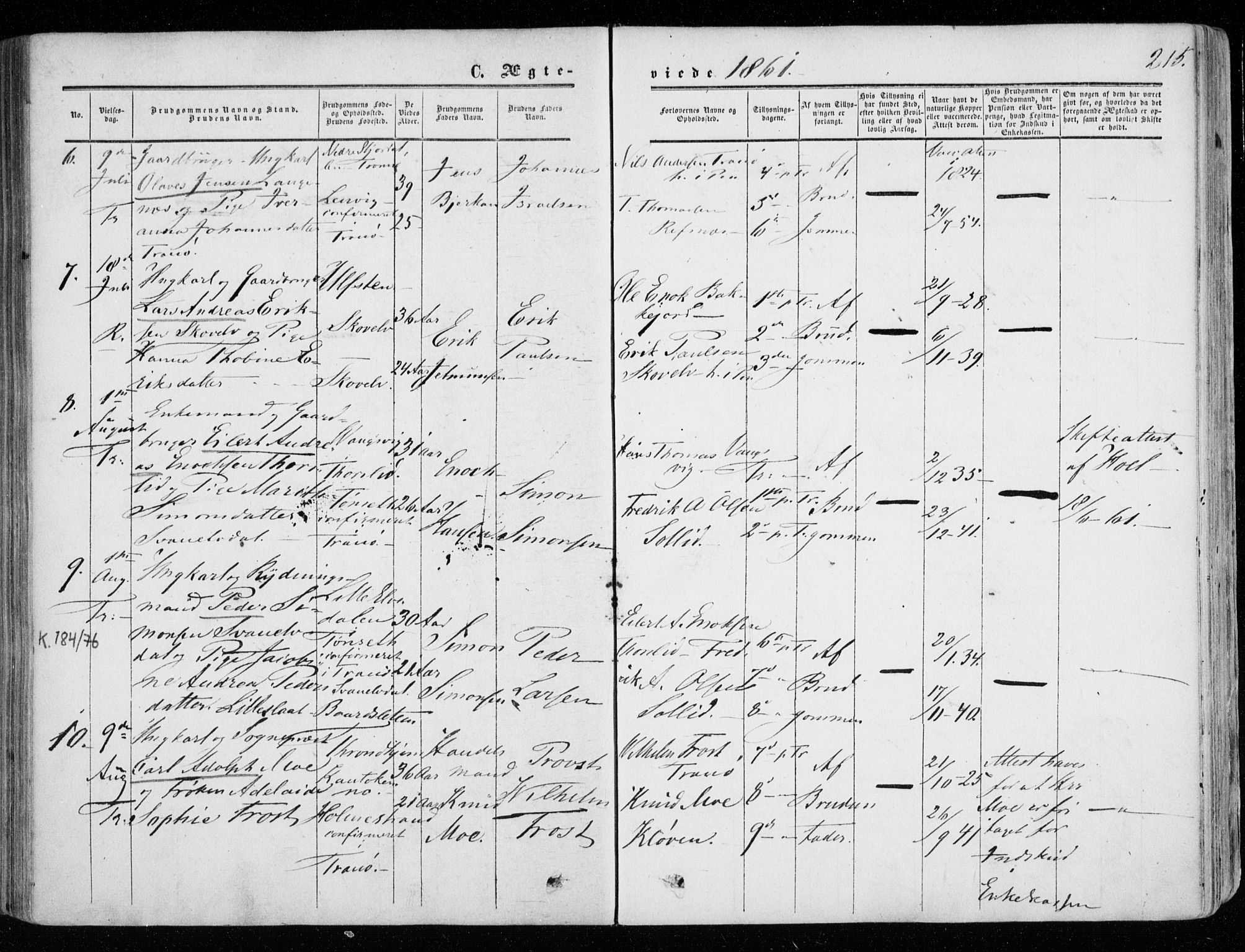 Tranøy sokneprestkontor, SATØ/S-1313/I/Ia/Iaa/L0007kirke: Parish register (official) no. 7, 1856-1866, p. 215