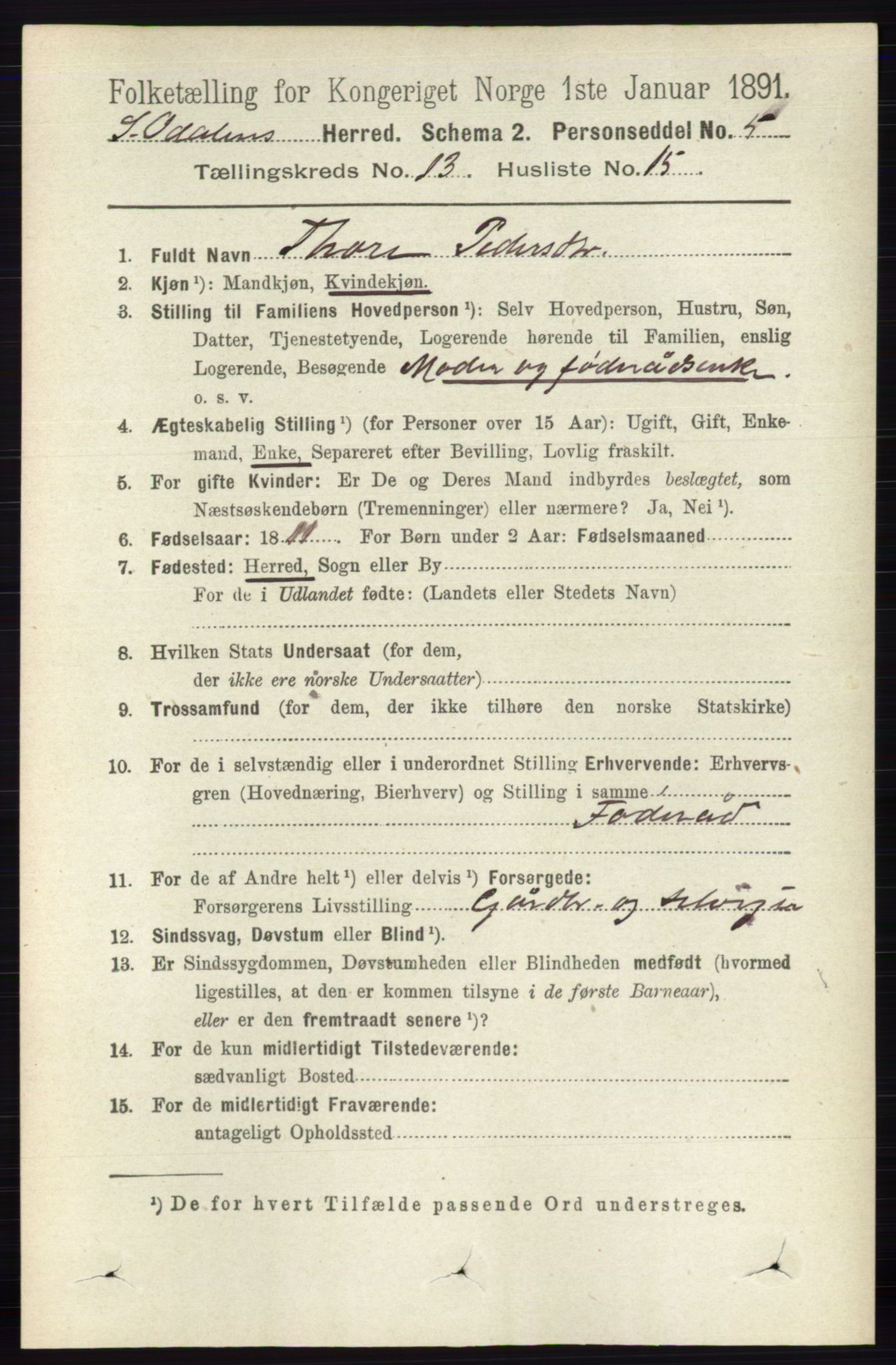 RA, 1891 census for 0419 Sør-Odal, 1891, p. 5669