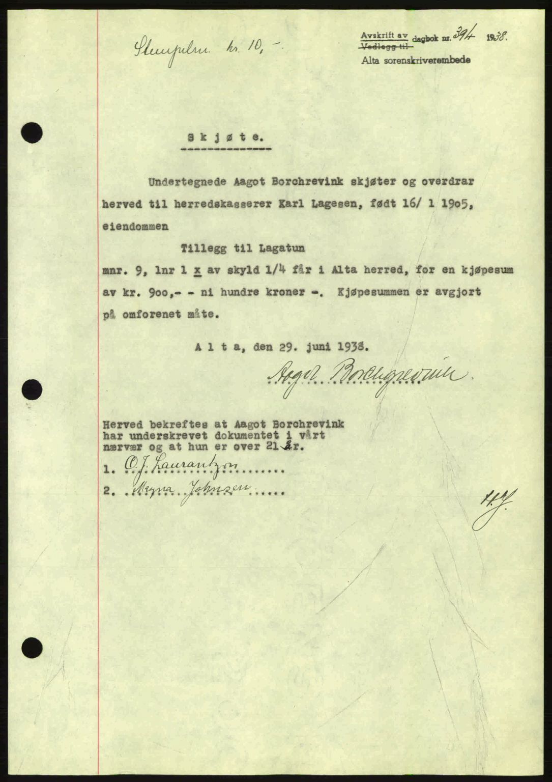Alta fogderi/sorenskriveri, SATØ/SATØ-5/1/K/Kd/L0031pantebok: Mortgage book no. 31, 1938-1939, Diary no: : 394/1938