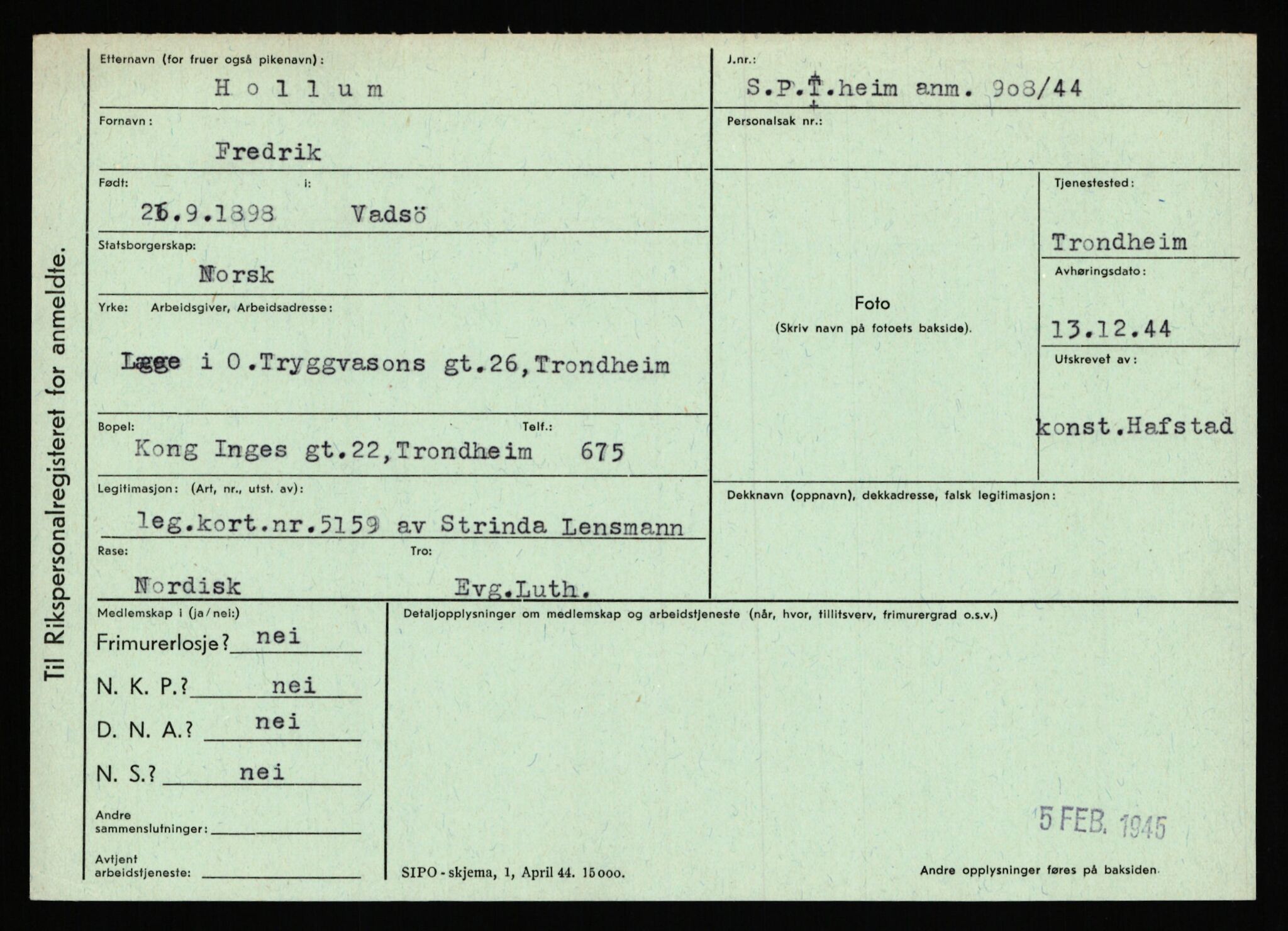 Statspolitiet - Hovedkontoret / Osloavdelingen, AV/RA-S-1329/C/Ca/L0007: Hol - Joelsen, 1943-1945, p. 150