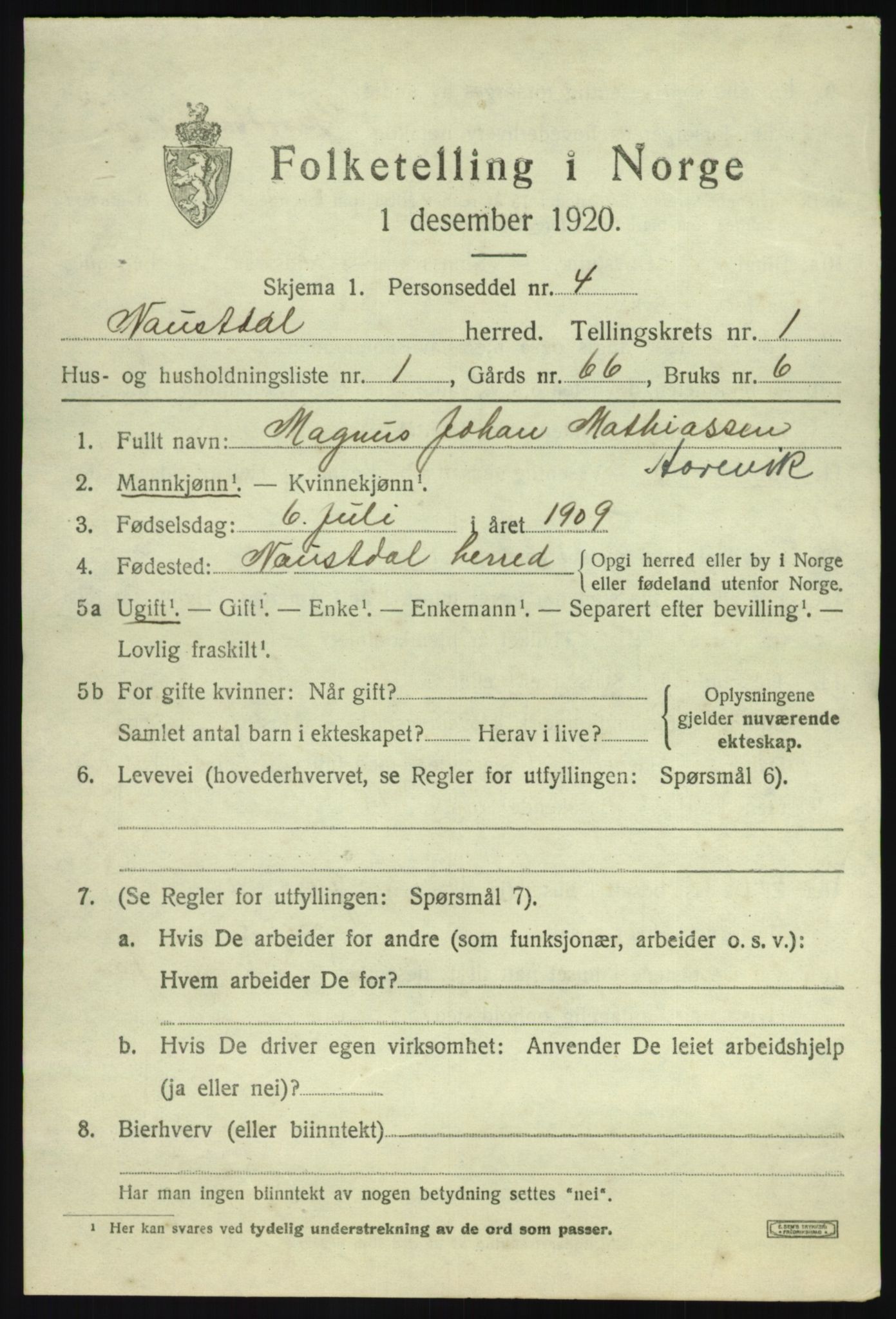 SAB, 1920 census for Naustdal, 1920, p. 869