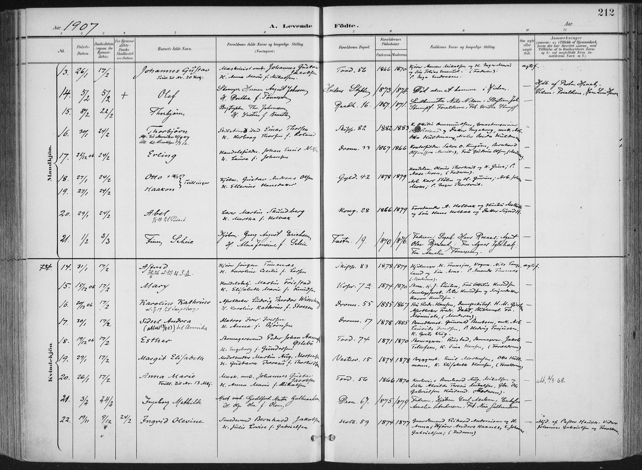 Kristiansand domprosti, SAK/1112-0006/F/Fa/L0021: Parish register (official) no. A 20, 1898-1908, p. 212