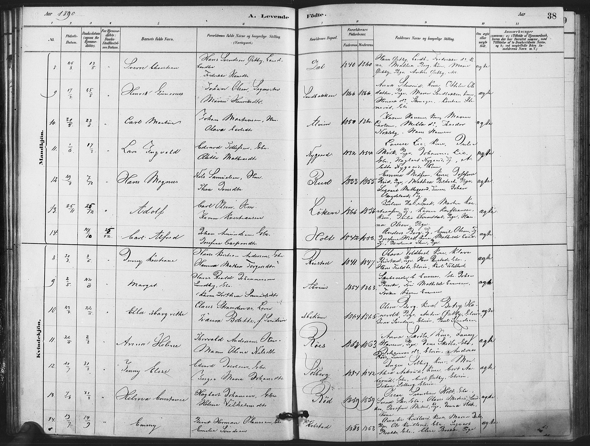 Kråkstad prestekontor Kirkebøker, AV/SAO-A-10125a/F/Fa/L0009: Parish register (official) no. I 9, 1880-1892, p. 38