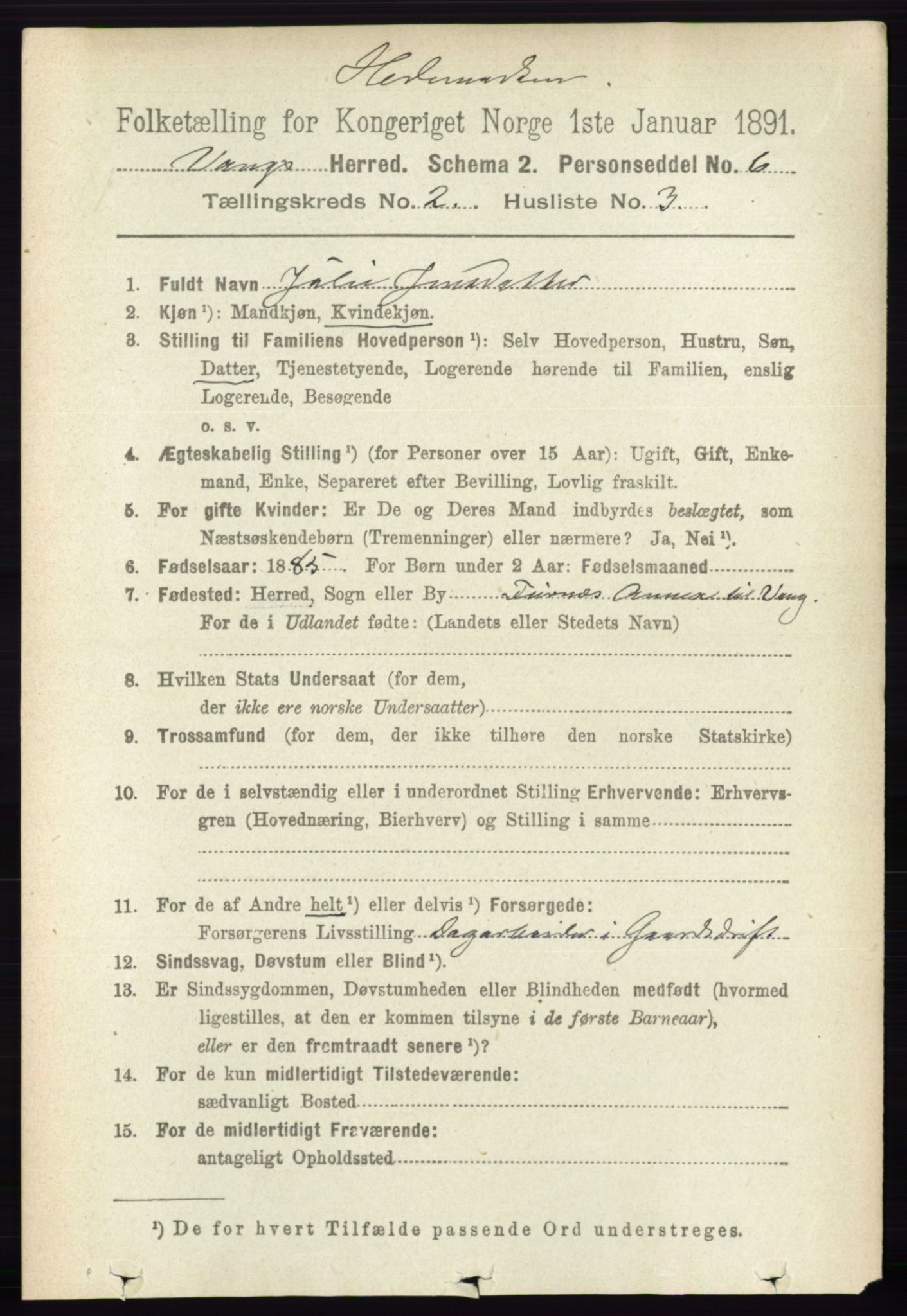 RA, 1891 census for 0414 Vang, 1891, p. 1054