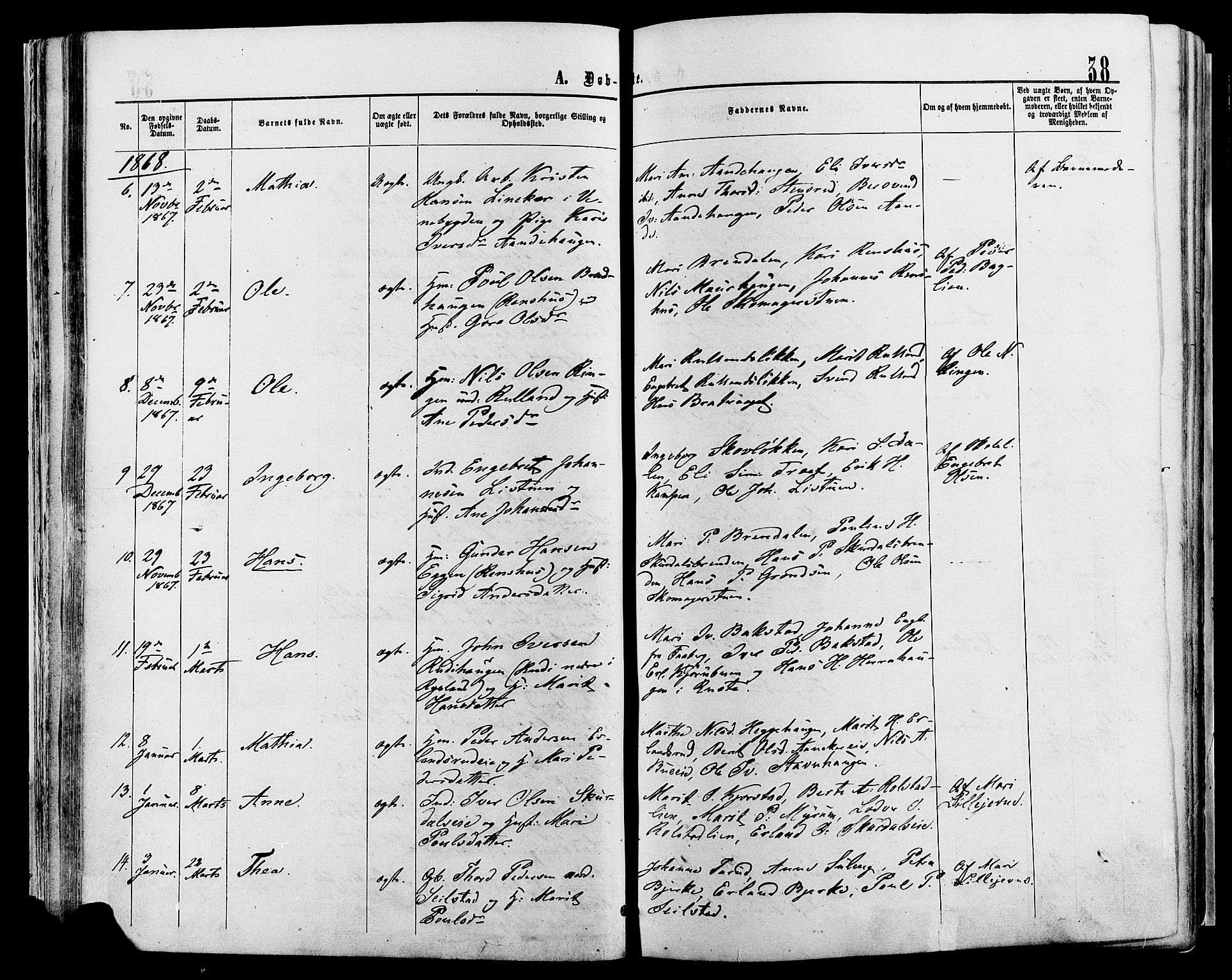 Sør-Fron prestekontor, SAH/PREST-010/H/Ha/Haa/L0002: Parish register (official) no. 2, 1864-1880, p. 38