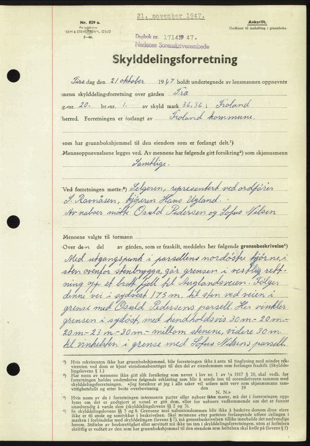 Nedenes sorenskriveri, AV/SAK-1221-0006/G/Gb/Gba/L0058: Mortgage book no. A10, 1947-1948, Diary no: : 1714/1947