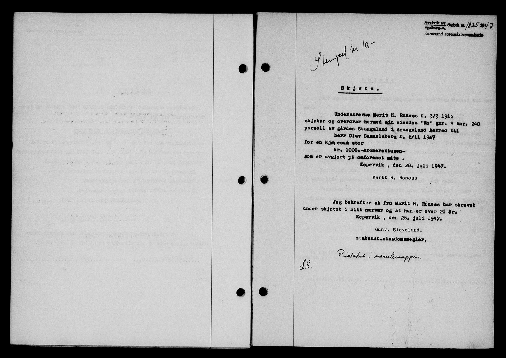 Karmsund sorenskriveri, SAST/A-100311/01/II/IIB/L0090: Mortgage book no. 70A, 1947-1947, Diary no: : 1825/1947