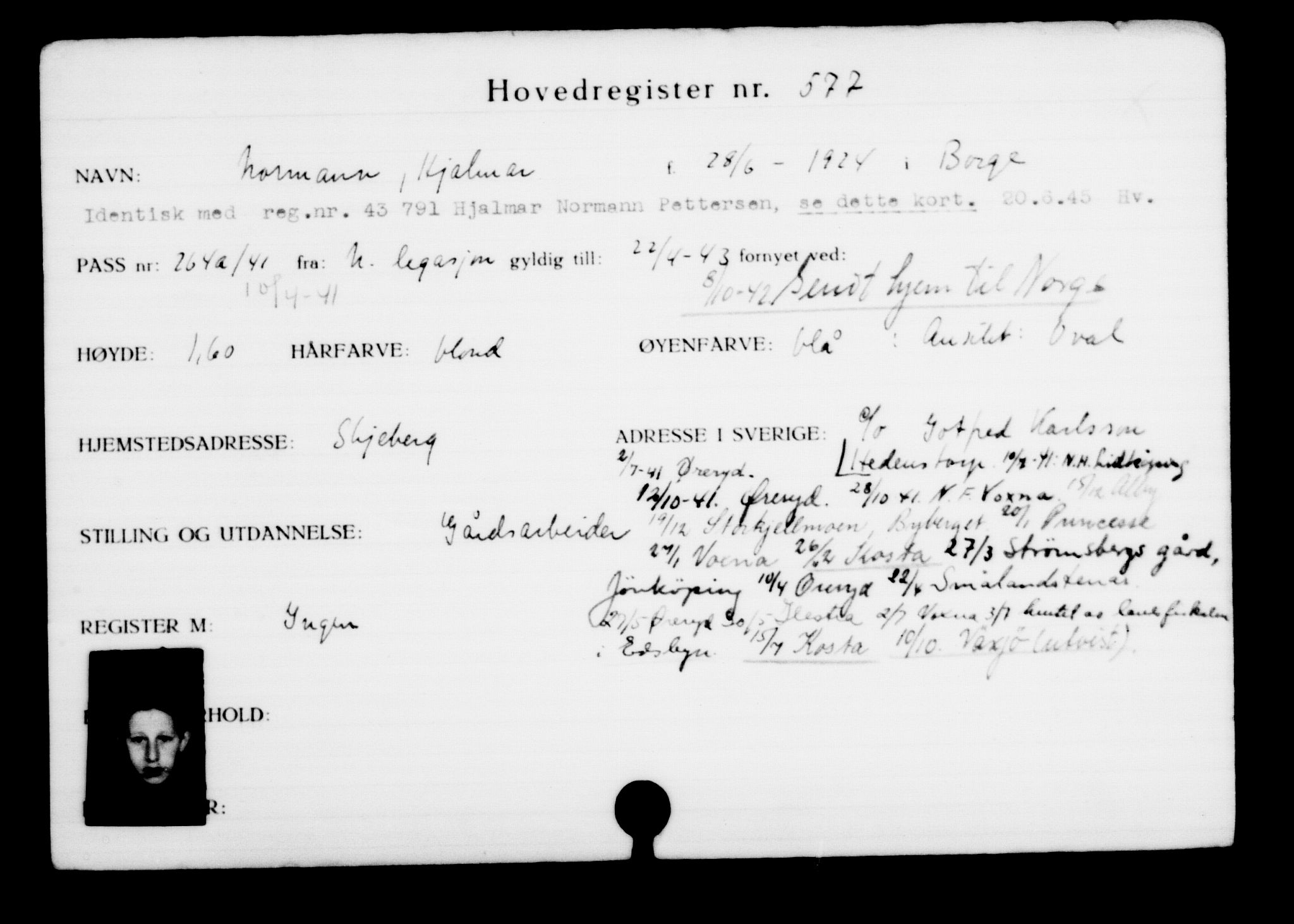 Utenriksstasjonene, Legasjonen i Stockholm, Flyktningkontoret, AV/RA-S-6753/V/Va/L0001: Kjesäterkartoteket, flyktninger med registreringsnr. 1-1000, 1940-1945, p. 898