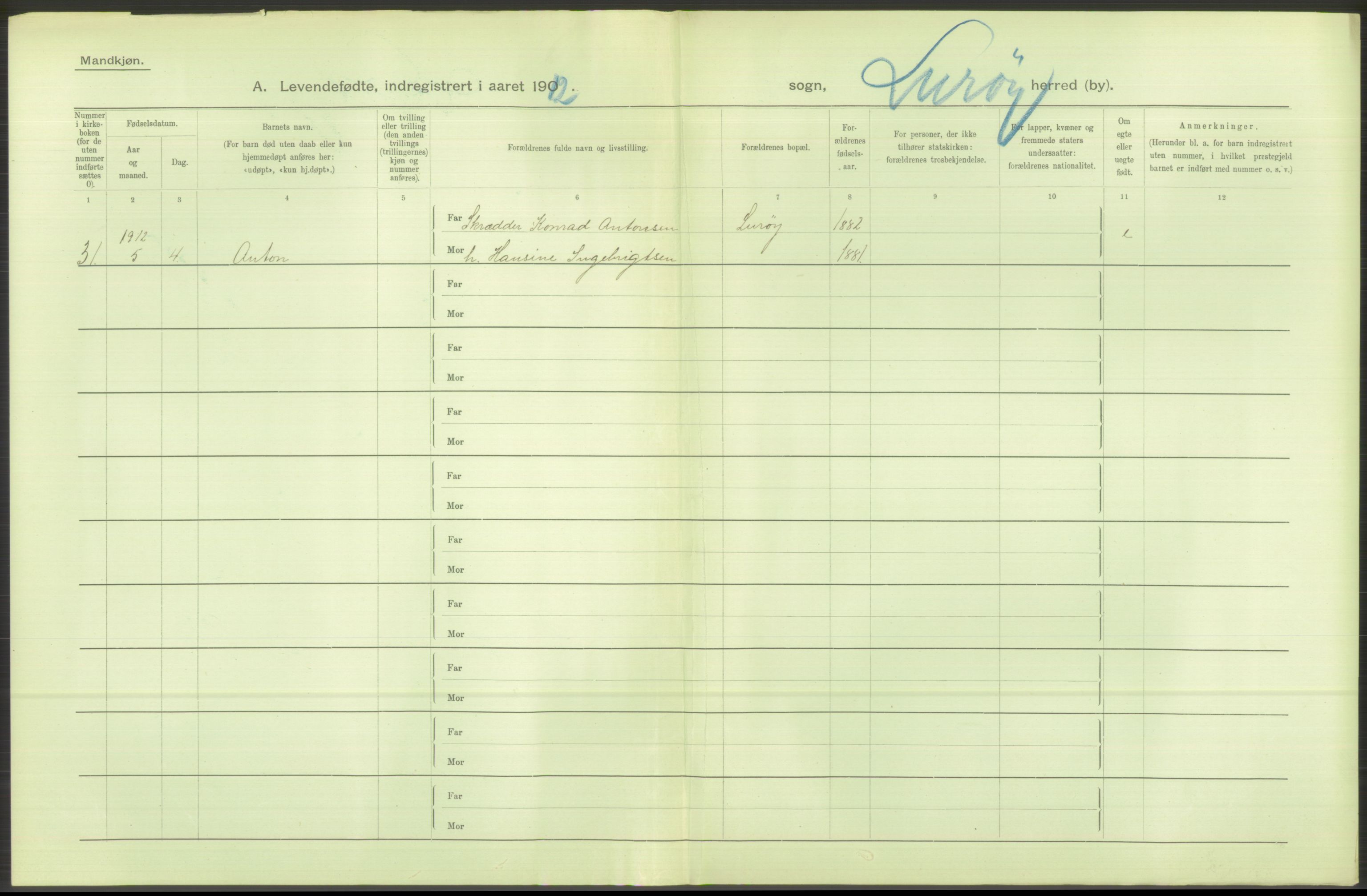 Statistisk sentralbyrå, Sosiodemografiske emner, Befolkning, AV/RA-S-2228/D/Df/Dfb/Dfbb/L0046: Nordlands amt: Levendefødte menn og kvinner. Bygder., 1912, p. 34