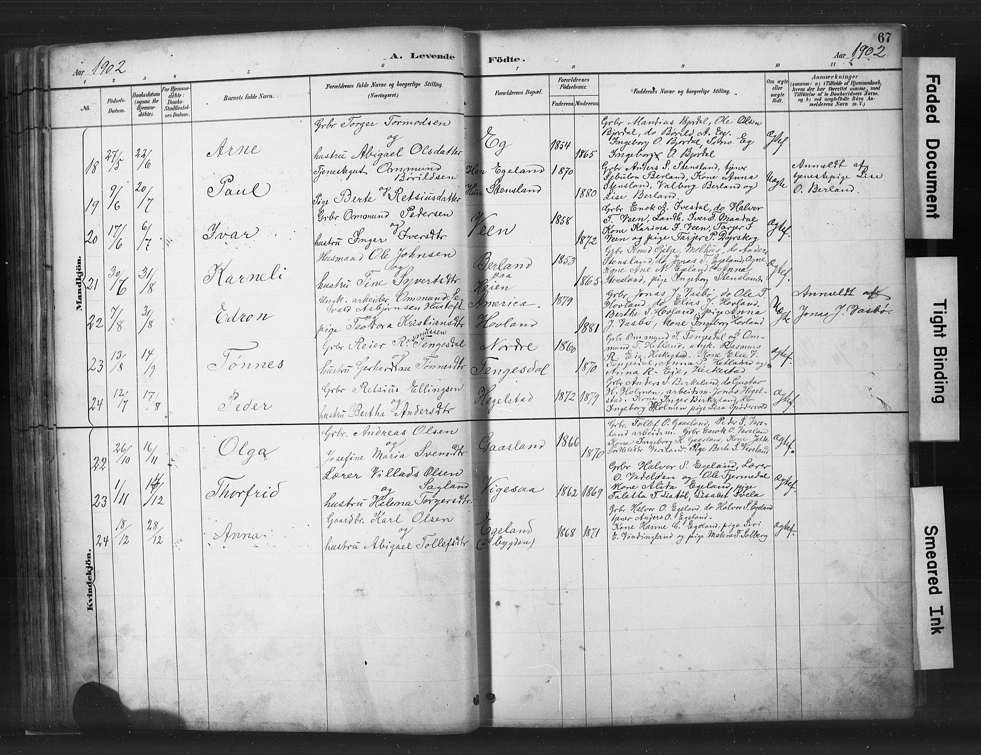 Helleland sokneprestkontor, SAST/A-101810: Parish register (copy) no. B 5, 1887-1908, p. 67